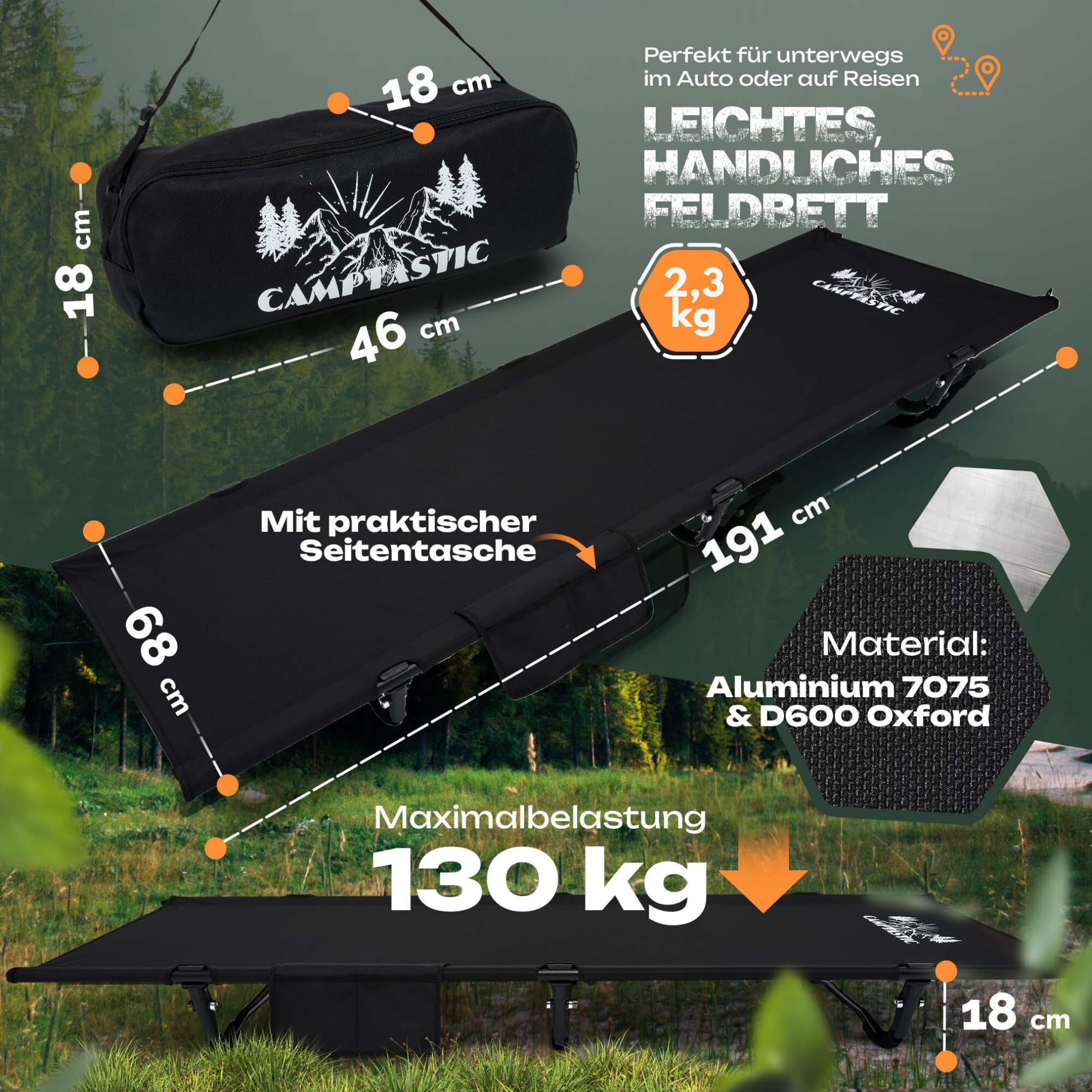 Ultralekkie łóżko polowe, kompaktowe, 2,3 kg, składane, wytrzymałe, przenośne, kempingowe, do wędrówek, aktywności na świeżym powietrzu, na kemping