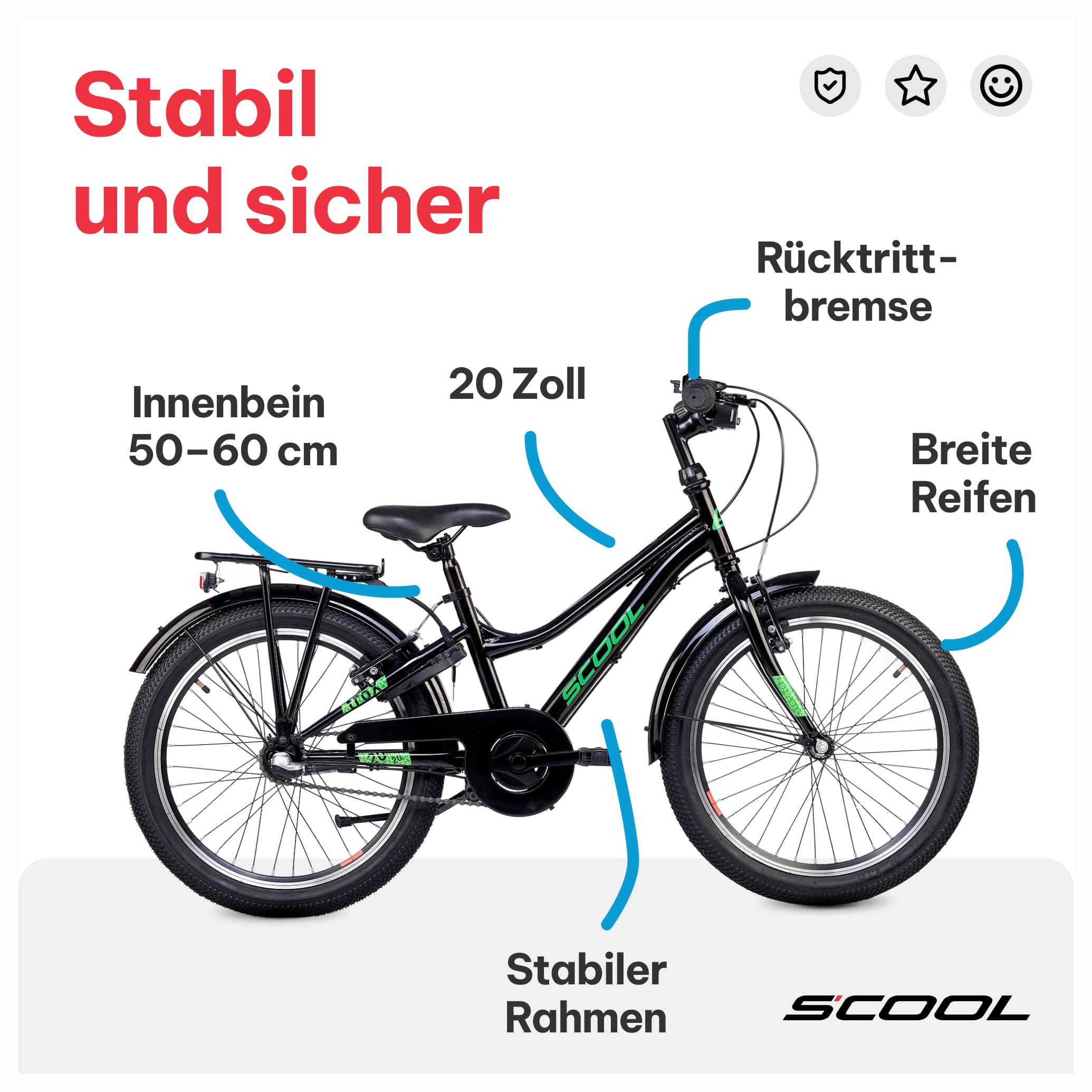 S’COOL Kinderfahrrad 20, 24, 26 Zoll, 3-Gang Nabenschaltung mit Rücktrittbremse, troX, Körpergröße 115–165 cm, 6–14 Jahre, sicher im Alltag, für Jungen & Mädchen
