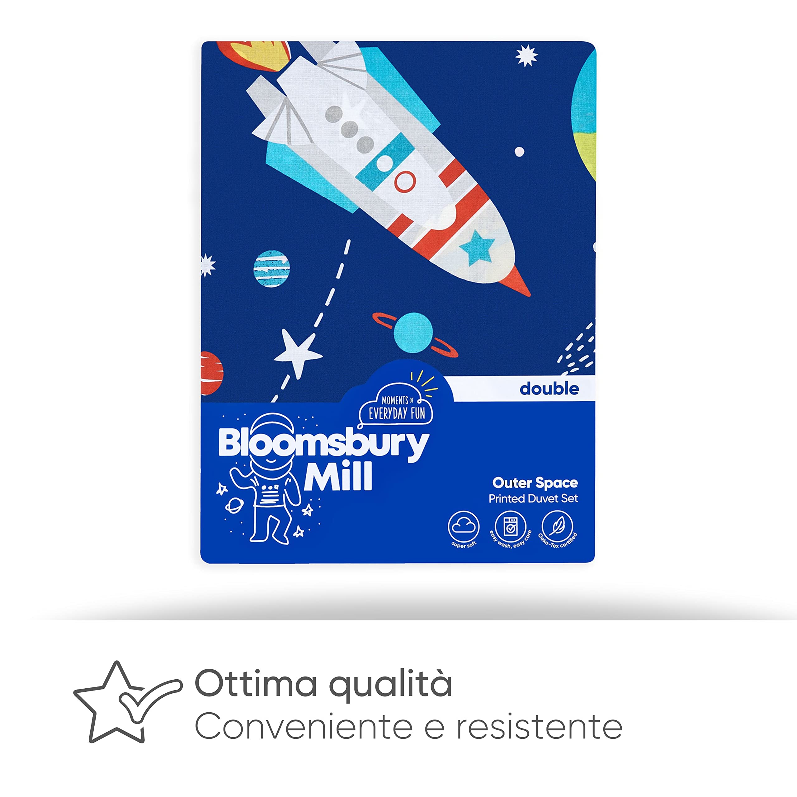 Bloomsbury Mill - Set Copripiumino Piazza e Mezza - Lo Spazio Esterno, Pianeti, Razzi - Lenzuola Letto Reversibile Per Ragazzi/Ragazee - Set Di Biancheria Da Letto Per Bambini - 200x200cm e 2 Federe