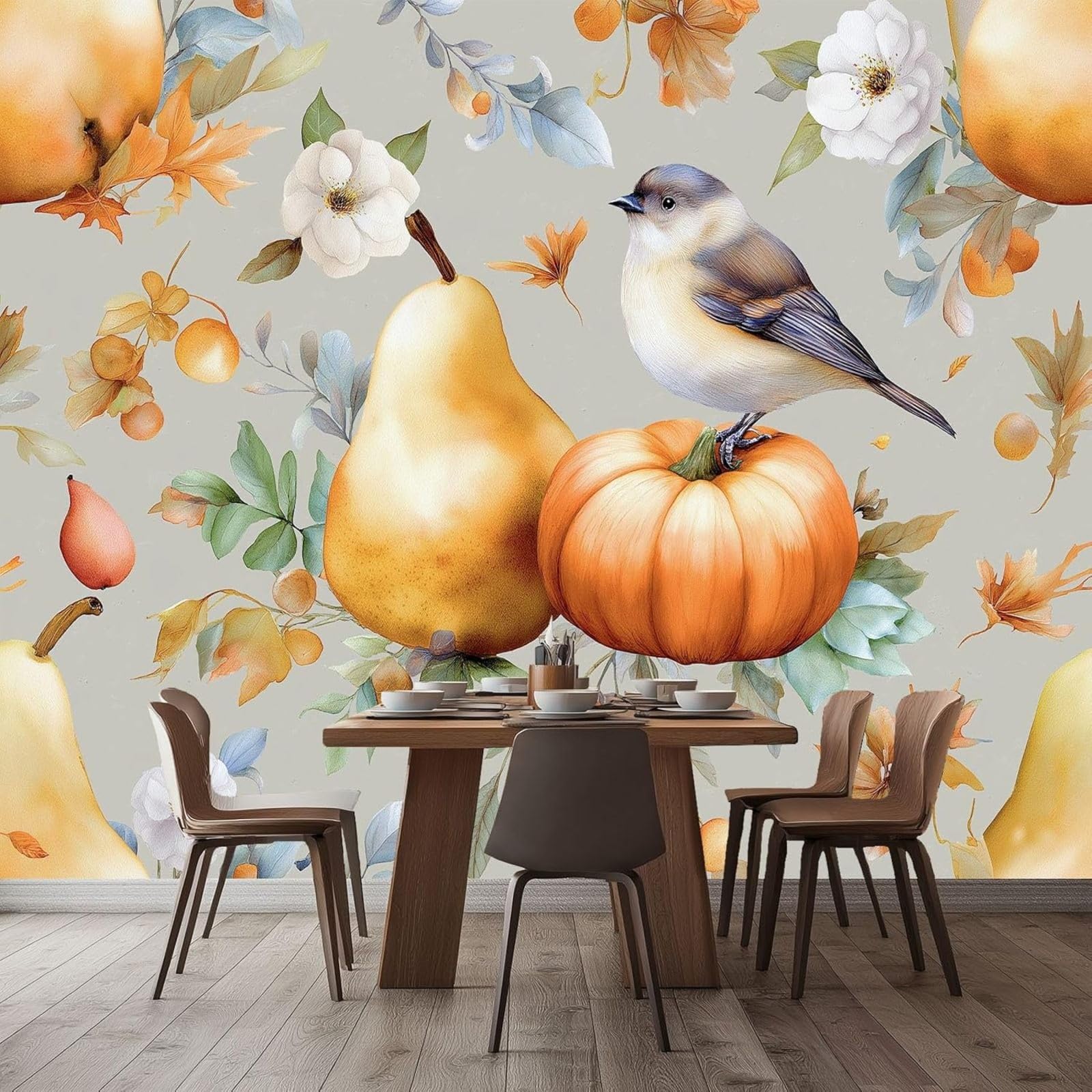 Photo wallpaper, Autumn Flowers Birds - Removable Watercolor Fruit Wallpaper for Living Room, Children's Room, Teenager's Room - Wall Decoration Multicolored, 250cm x 175cm Stickers - Frameless Painti
