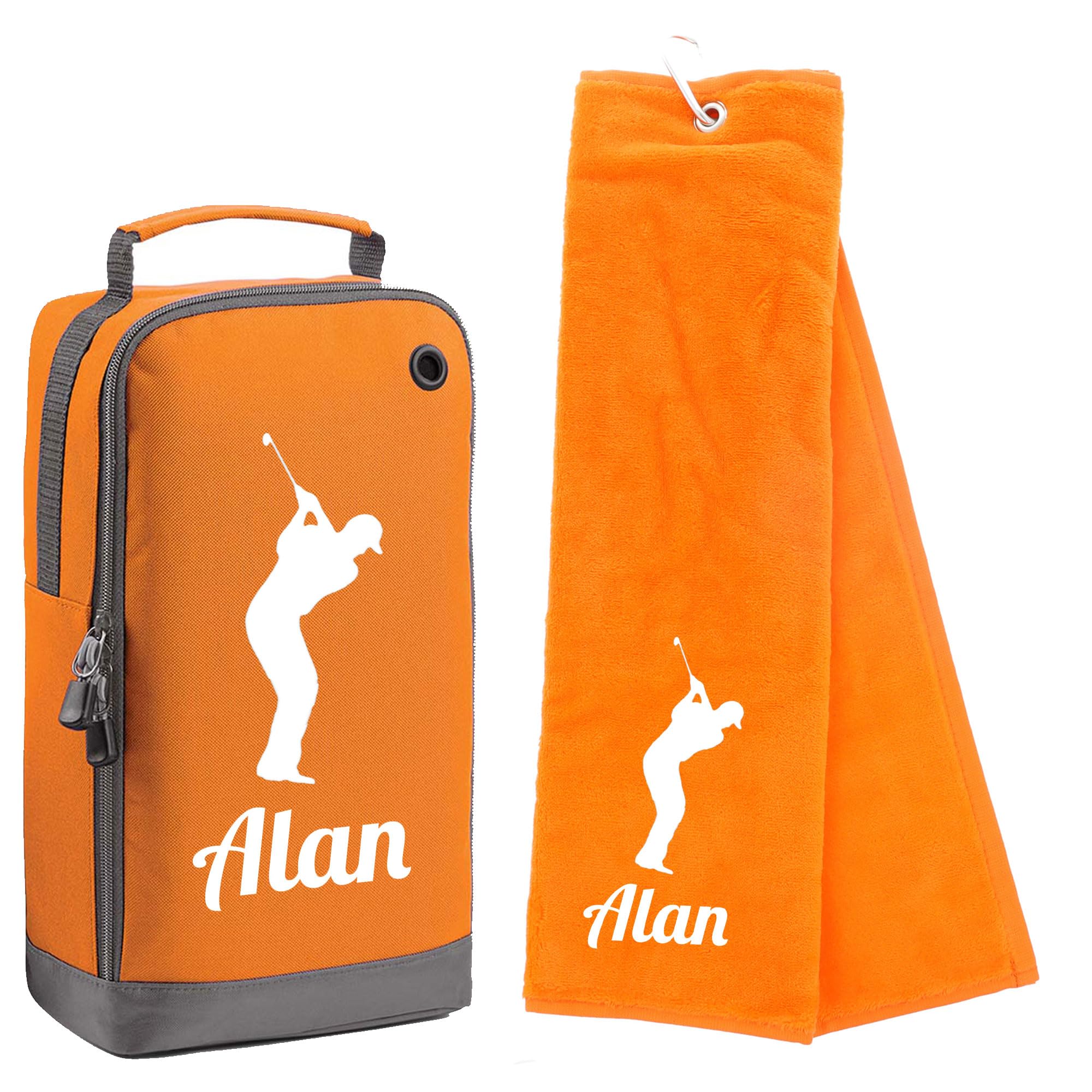 Always Looking Good Personalised Tri Fold Golf Towel with Name & Golf Shoe Bag Gift Set Luxury Velour 50cm x 40cm Custom Towel & Shoe Bag Gift- Golf Gifts for men and women (Orange)