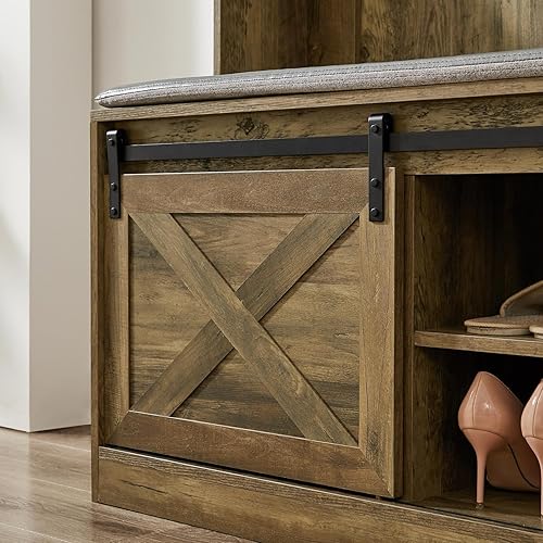 Miniatura 8 de JINS&VICO Banco de entrada de madera marrón claro con almacenamiento, 40.55 pulgadas de largo x 16.33 pulgadas de ancho x 70.86 pulgadas de alto