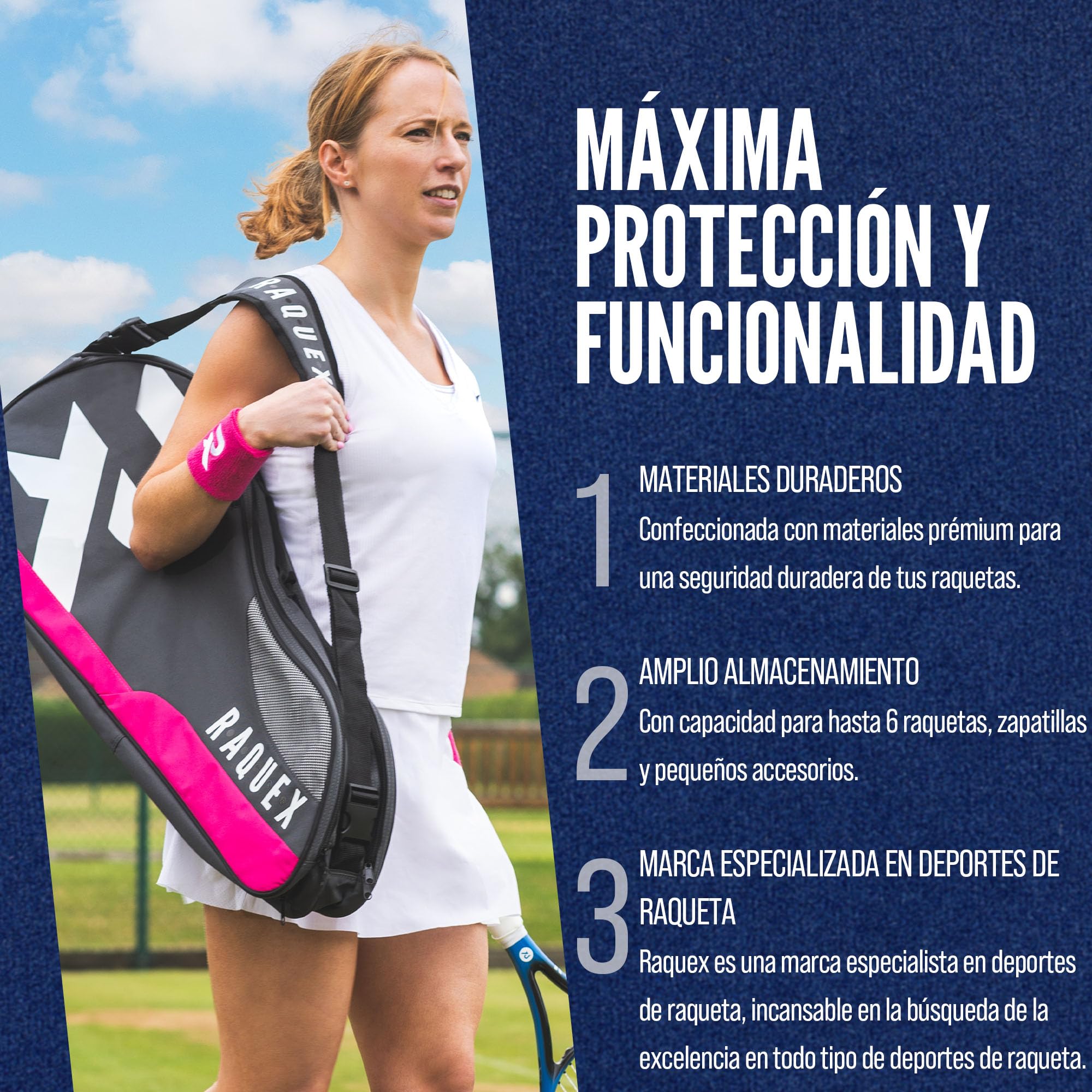 Raquex Bolsa para Raquetas : Tenis, Bádminton y Squash. Azul/Negro/Magenta. con Capacidad para hasta 6 Raquetas, Accesorios y Zapatillas