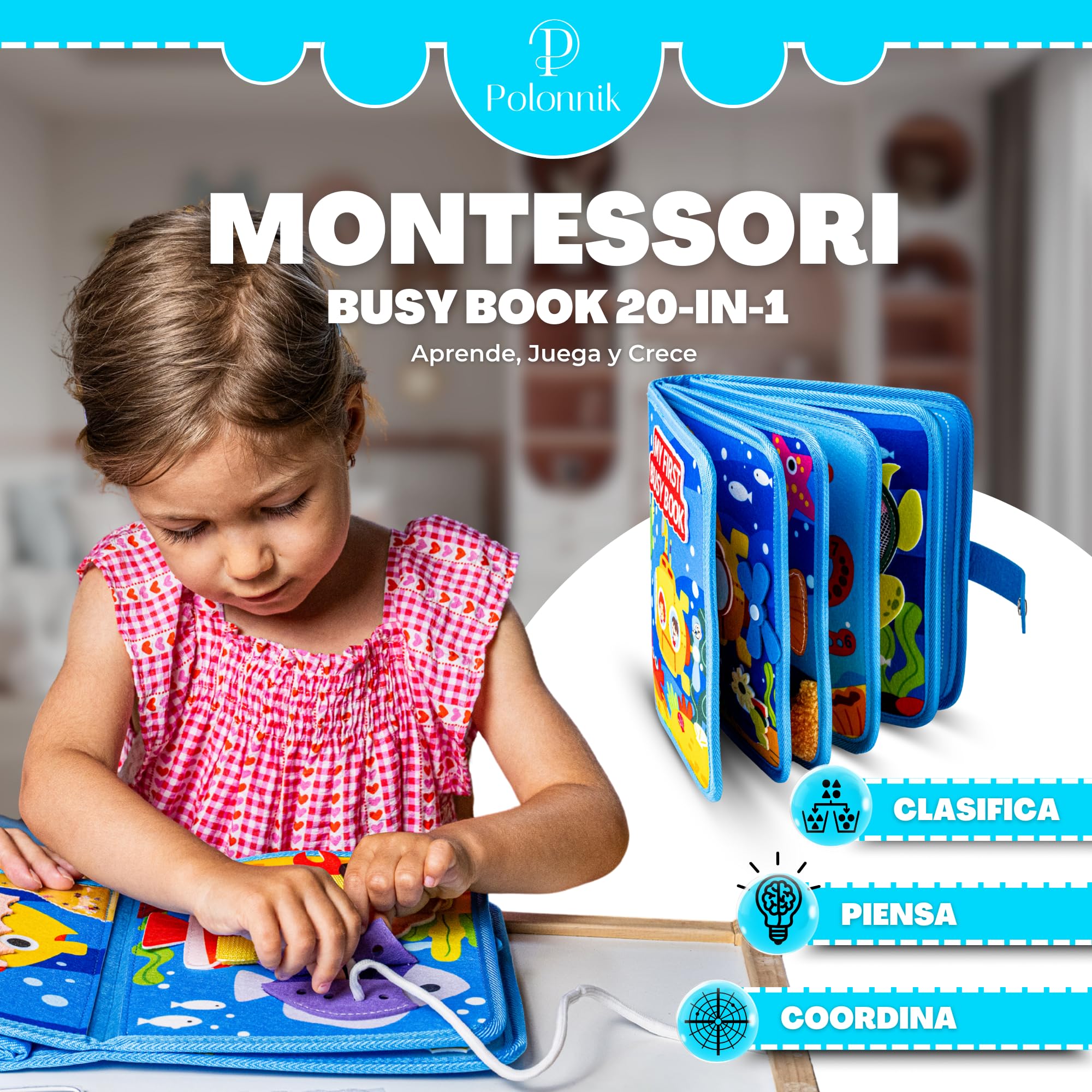 Libro Montessori 1, 2, 3, 4 años, Busy Board, Busy Book, Libro Interactivo, Libro sensorial Bebe, Juguetes sensoriales, Regalos Cumpleaños Niño Niña, Incluye Regalo de Oruga