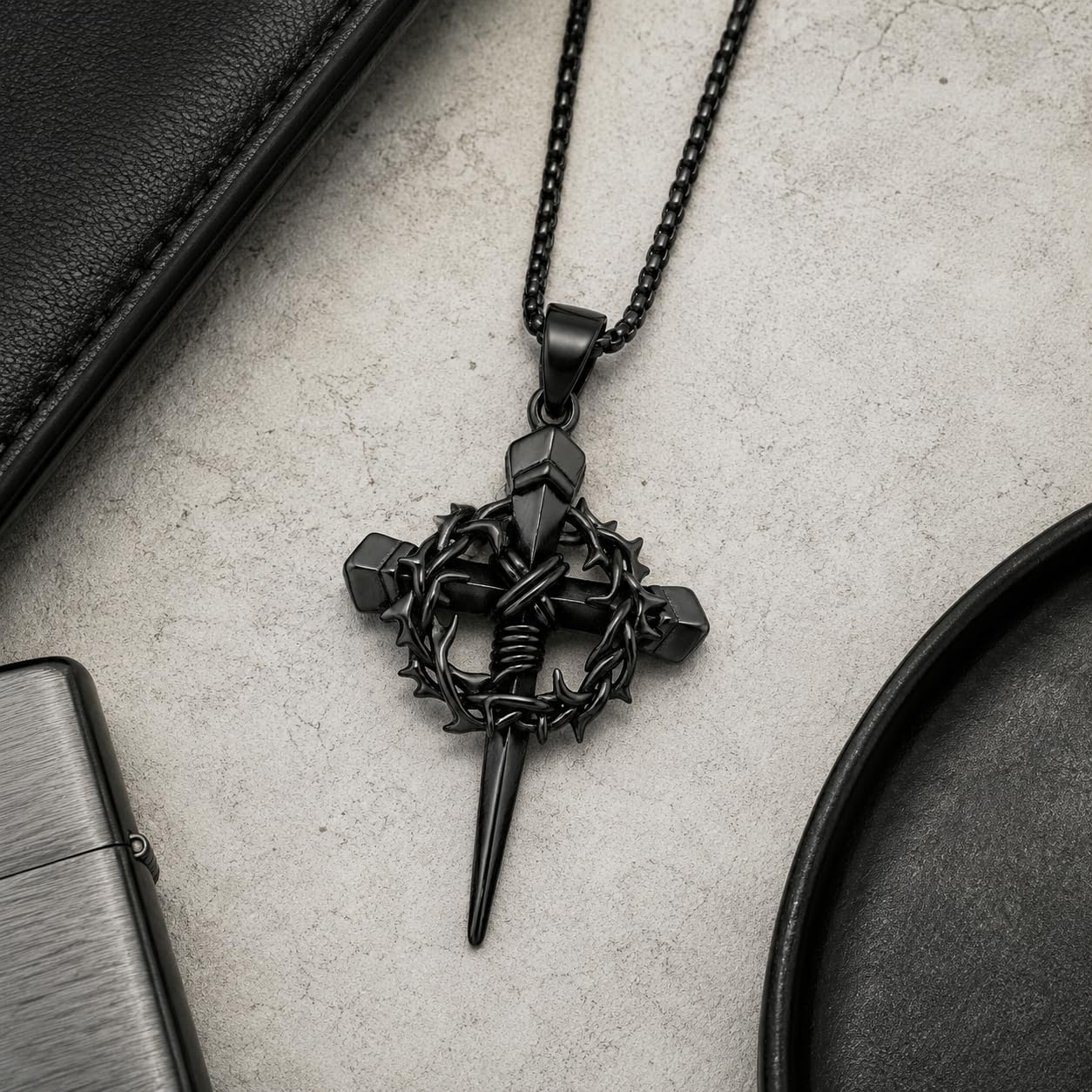 Crown of Thorns Cross Necklace for Men Women Religious Nail Cross Pendant with Thorn Wreath Christian Faith Jewelry