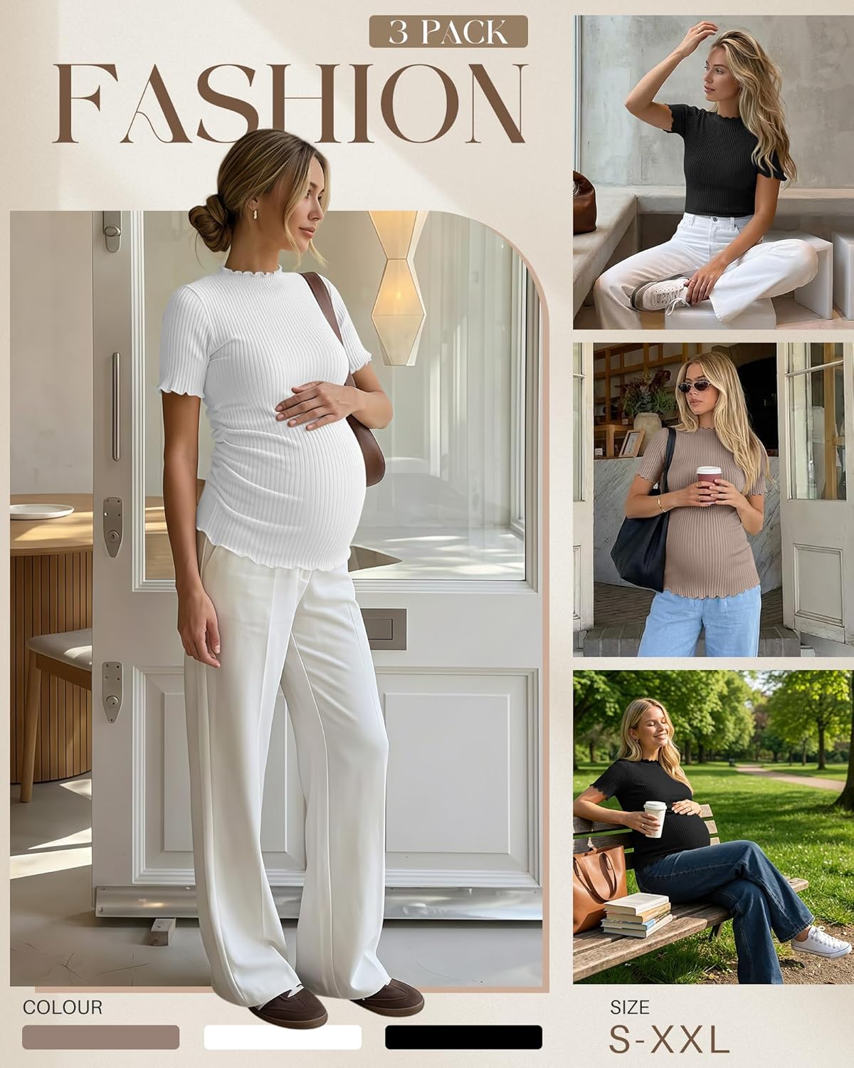 3 Pack Women's Maternity Tops Short Sleeve Ribbed Knit Maternity Shirts Crew Neck Side Ruched Pregnancy Clothes - Image 2