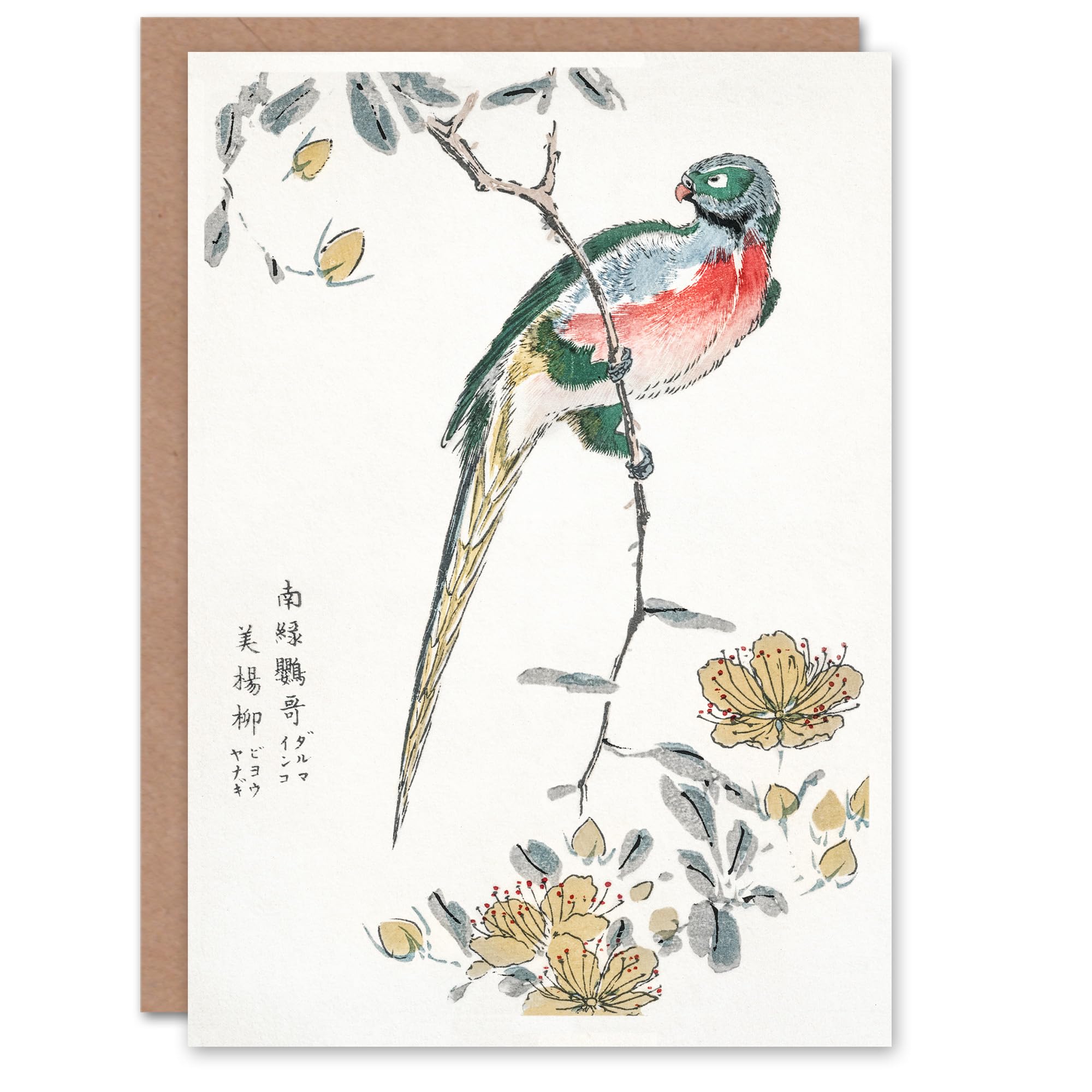 Artery8 Numata Kashu Art Card Macaw Parrot and Peach Flowers