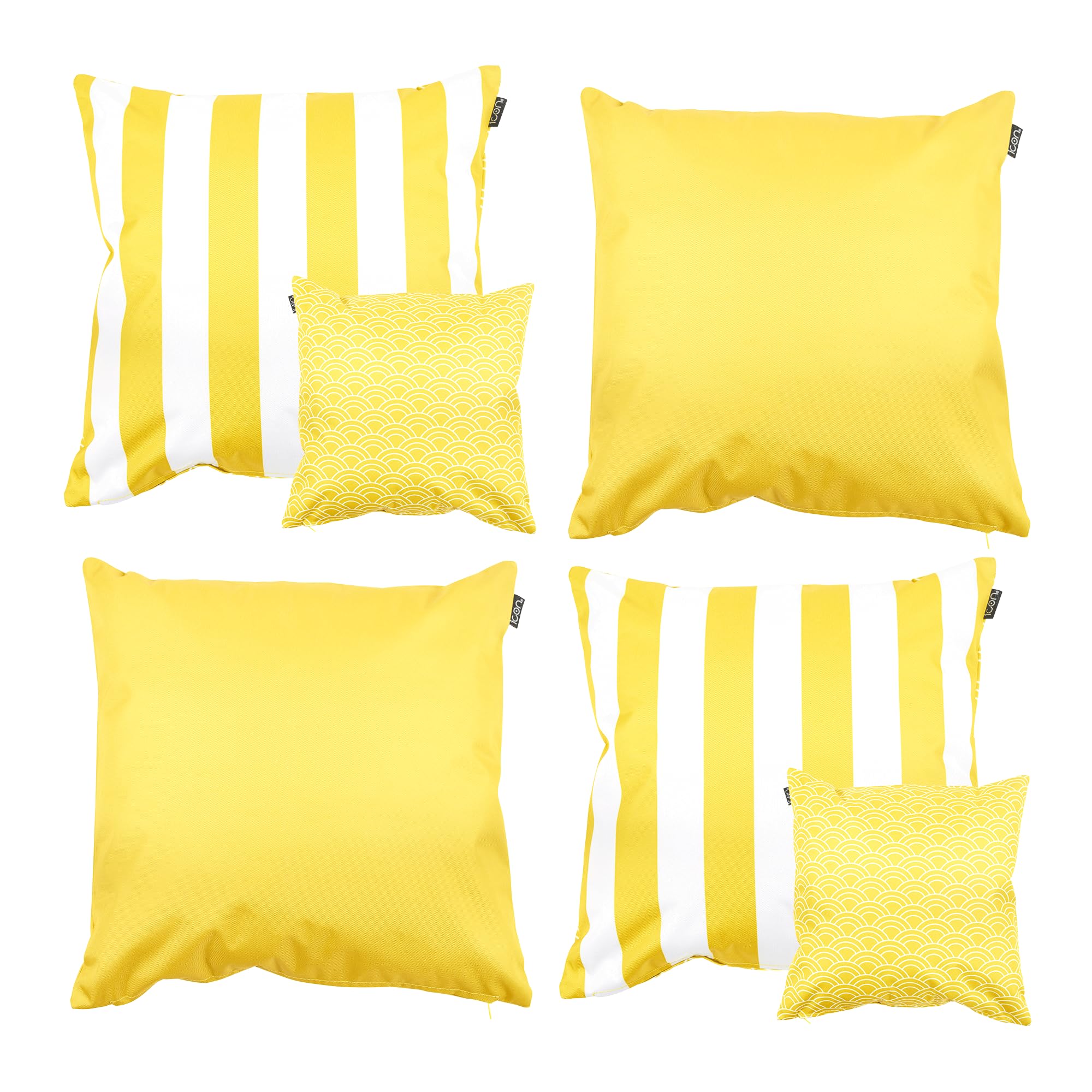 Bean Bag Bazaar Outdoor Cushions Filled, Stripe Collection, Stripe Yellow Mix, Reversible Print, Set of 4, 43cm x 43cm, Water Resistant, Yellow Outdoor Cushions for Garden Furniture, Garden, Patio
