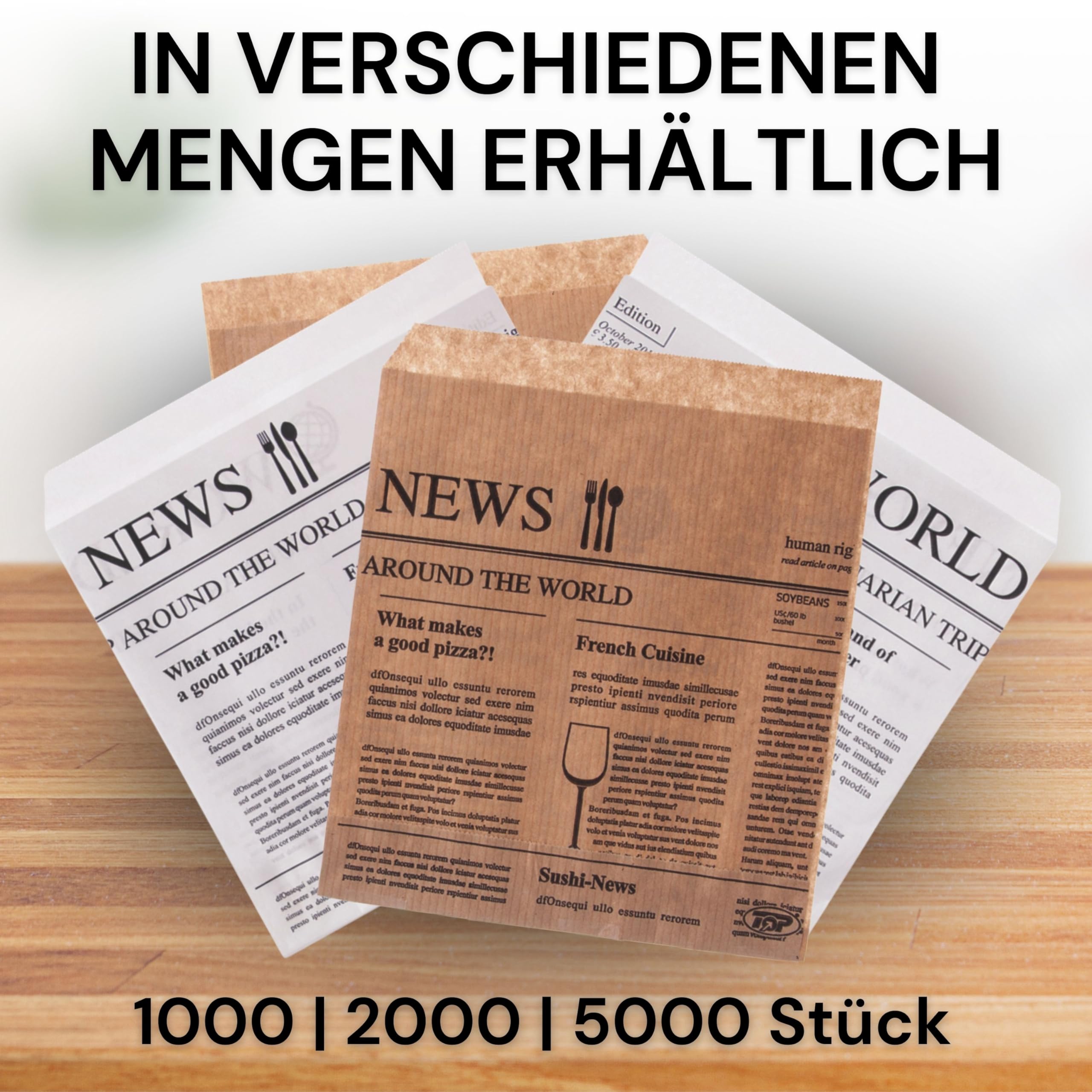 Snacktaschen/Hamburgertaschen Snackbeutel Newspaper aus Kraftpapier Hamburger-Tüten, 2-seitig offen (braun, 1000)