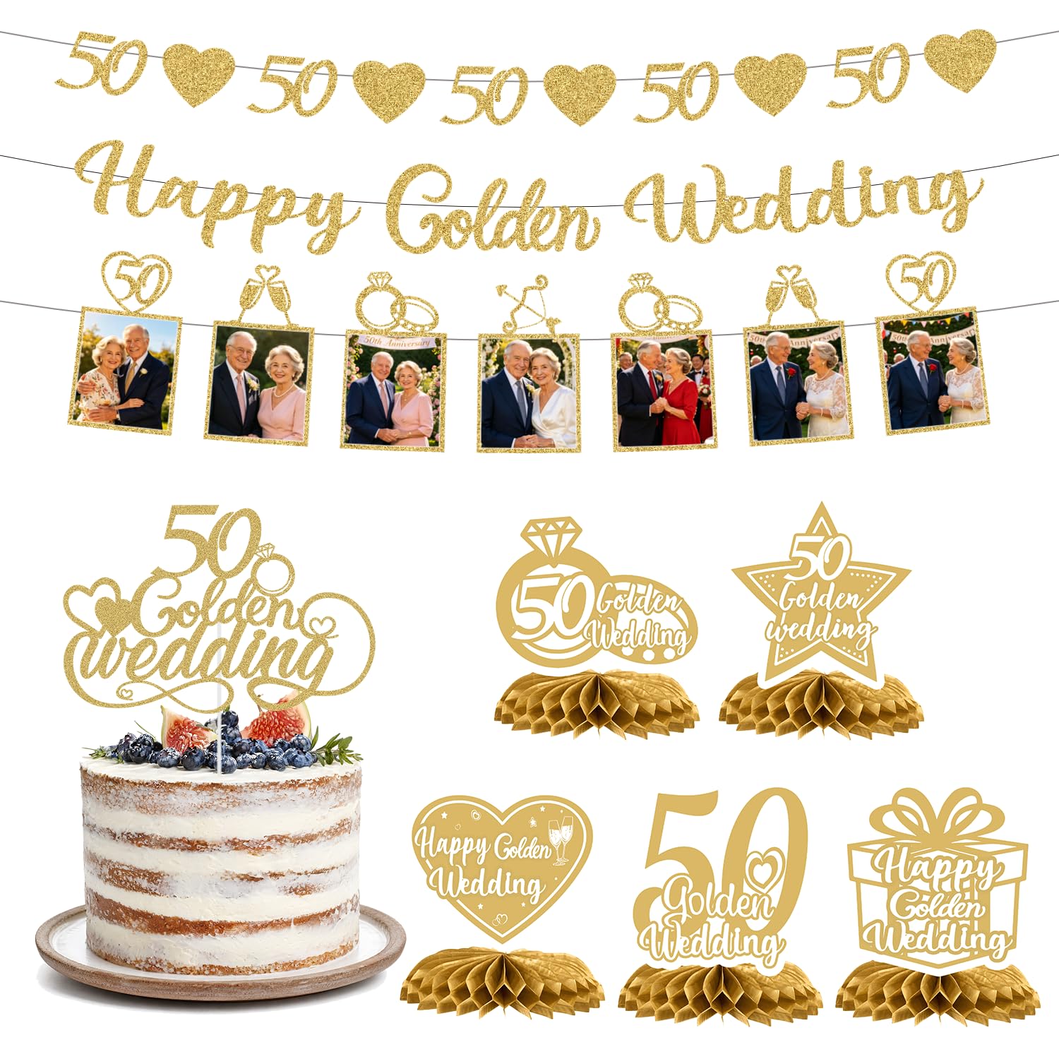 Luvart Happy Anniversary Banner Decorations - Happy Anniversary Wedding Decorations for Reception, 50th Wedding Celebrations Decor with Bunting Cake Topper Honeycomb