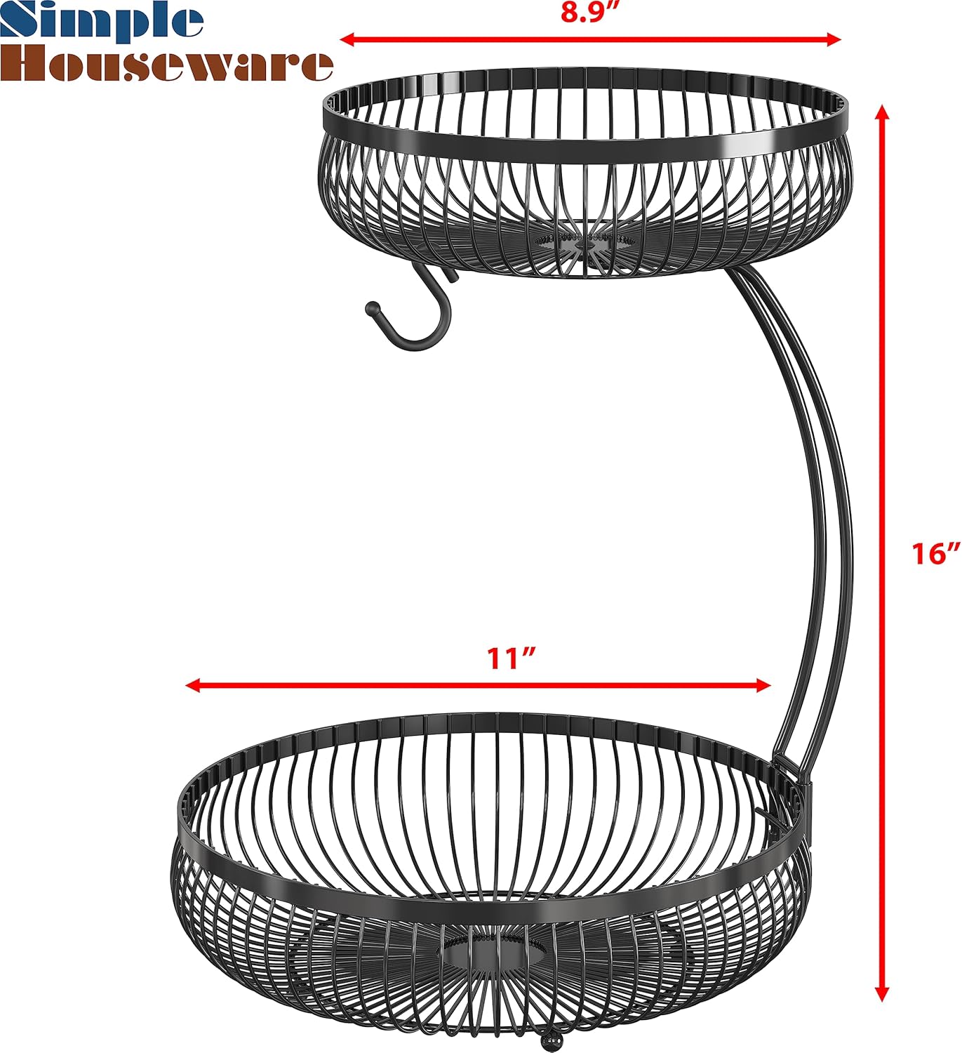 Simple Houseware 2-Tier Countertop Fruit Basket with Banana Hanger, Black - Image 3
