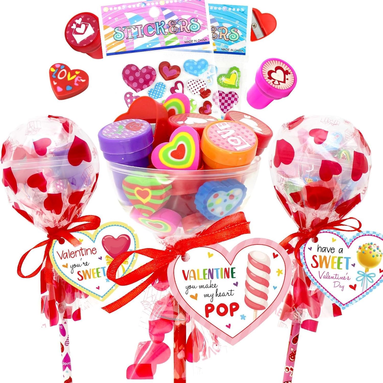 24 Pack Valentines Day Gifts, Valentine's Day Gifts with Valentines Cards Pencils Stickers Erasers Stampers