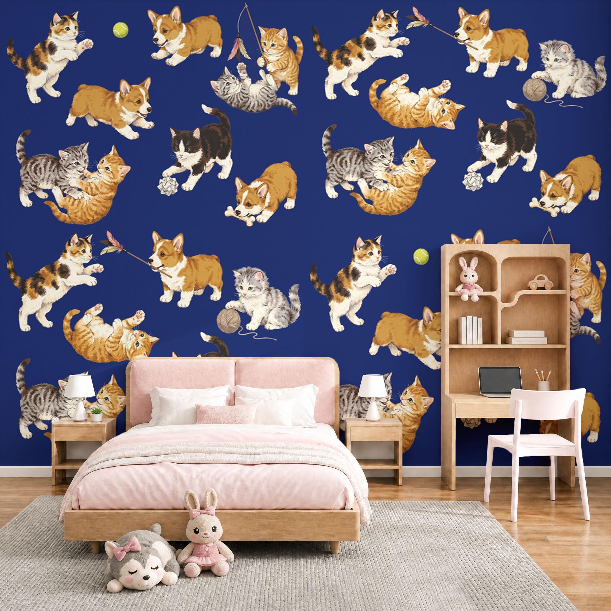 Papier peint panoramique chat corgi bleu pour embellir le salon familial