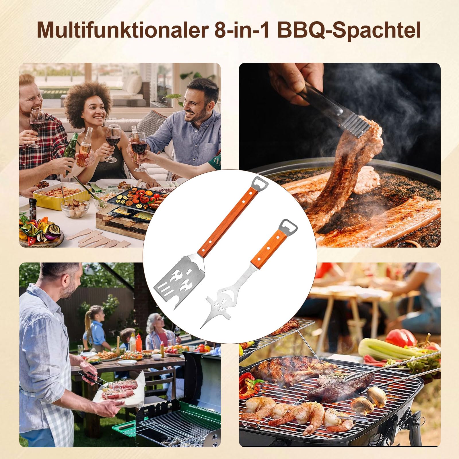 Set Ustensiles Barbecue 8 en 1, Spatule 42 cm et Fourchette 33 cm, Acier Inoxydable, Bois, Décapsuleur