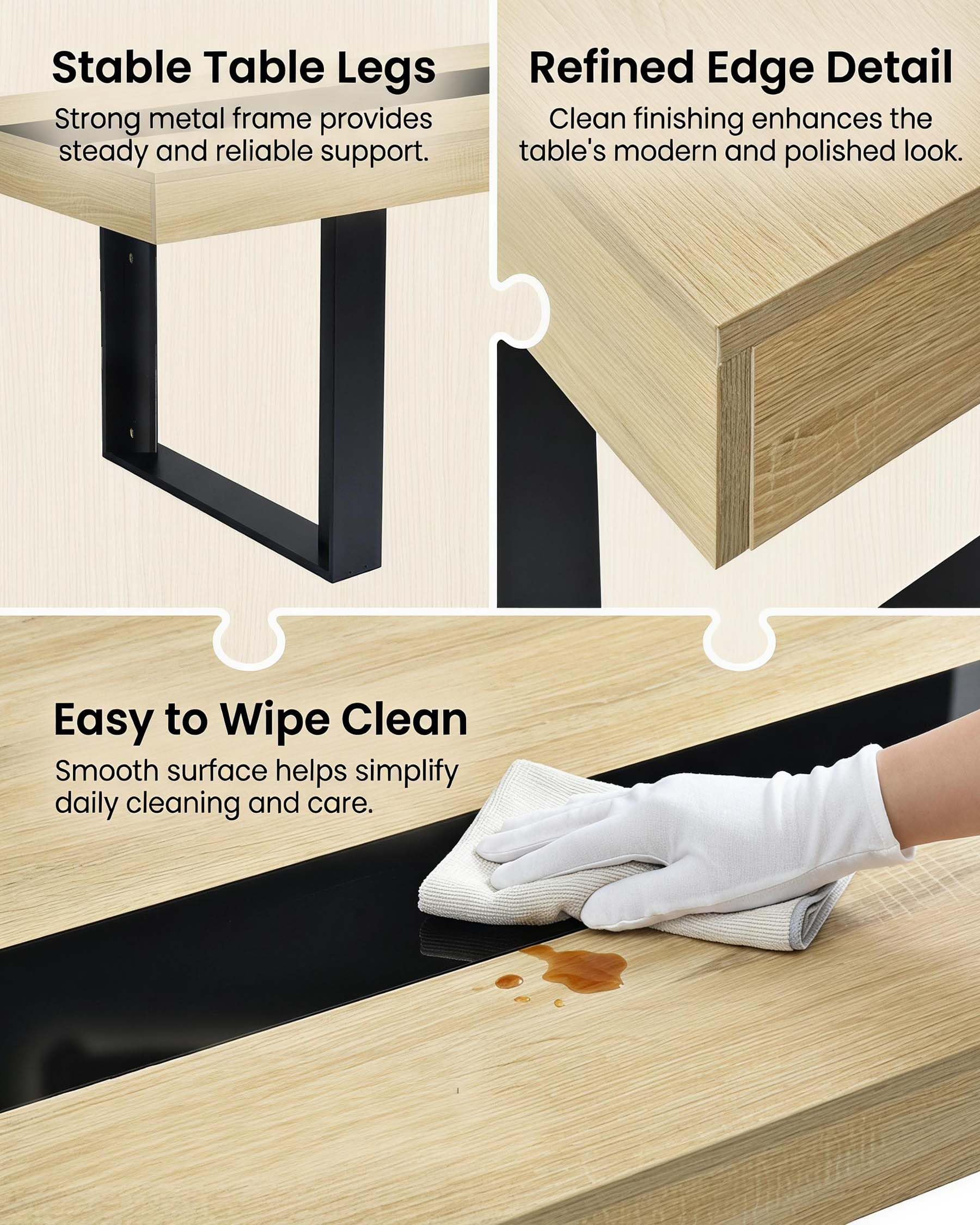 Mesa de Comedor Madera Haya Mesa Cocina 4 a 6 Personas 160×80×75cm | La franja central negra y el marco grueso crean un estilo industrial mientras dos bastidores de madera en U aportan apoyo