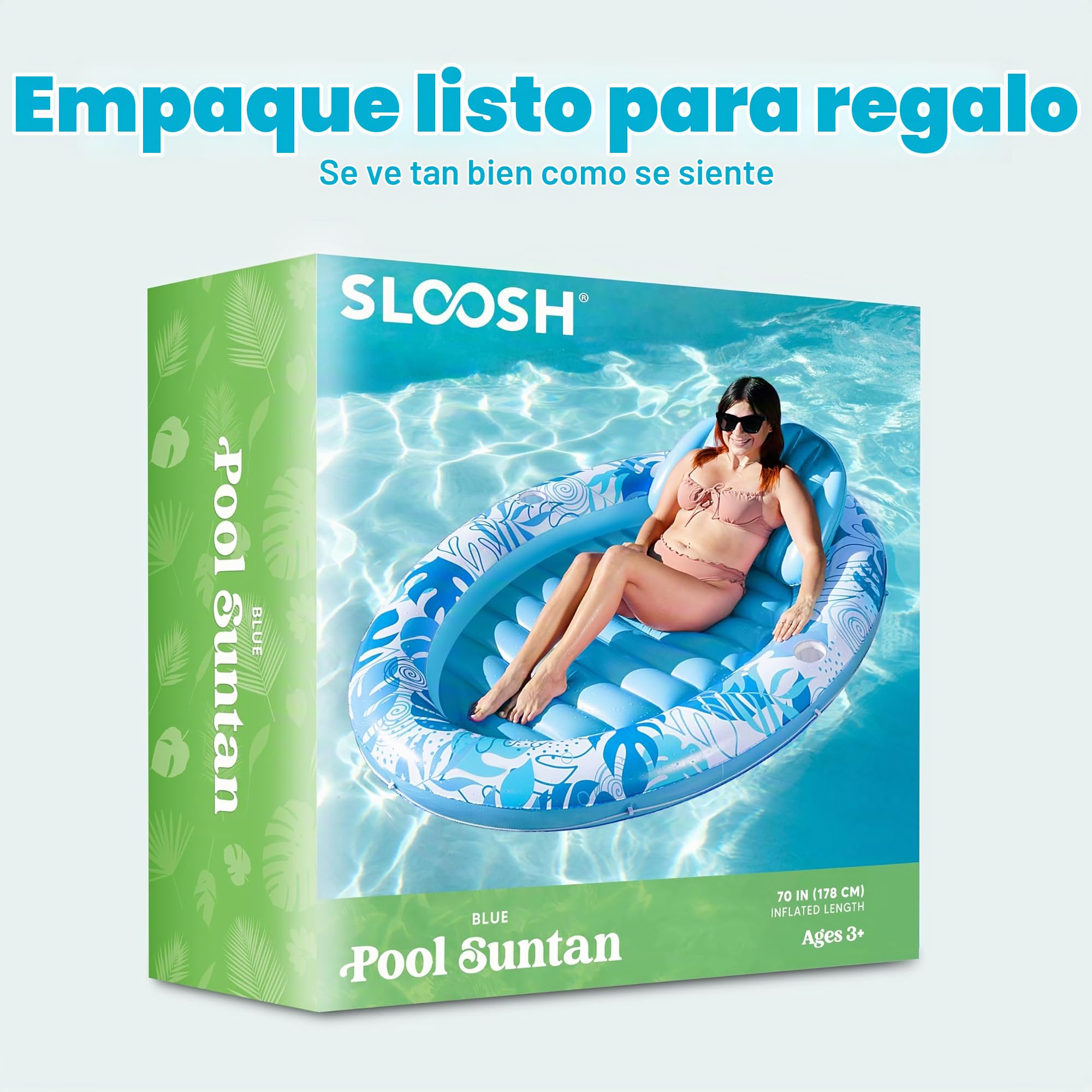 SLOOSH Flotador inflable para alberca de bronceado, 70 x 50 pulgadas, flotadores de piscina para adultos con almohada, flotador ovalado de balsa bronceadora, cama para tomar el sol para inflar agua