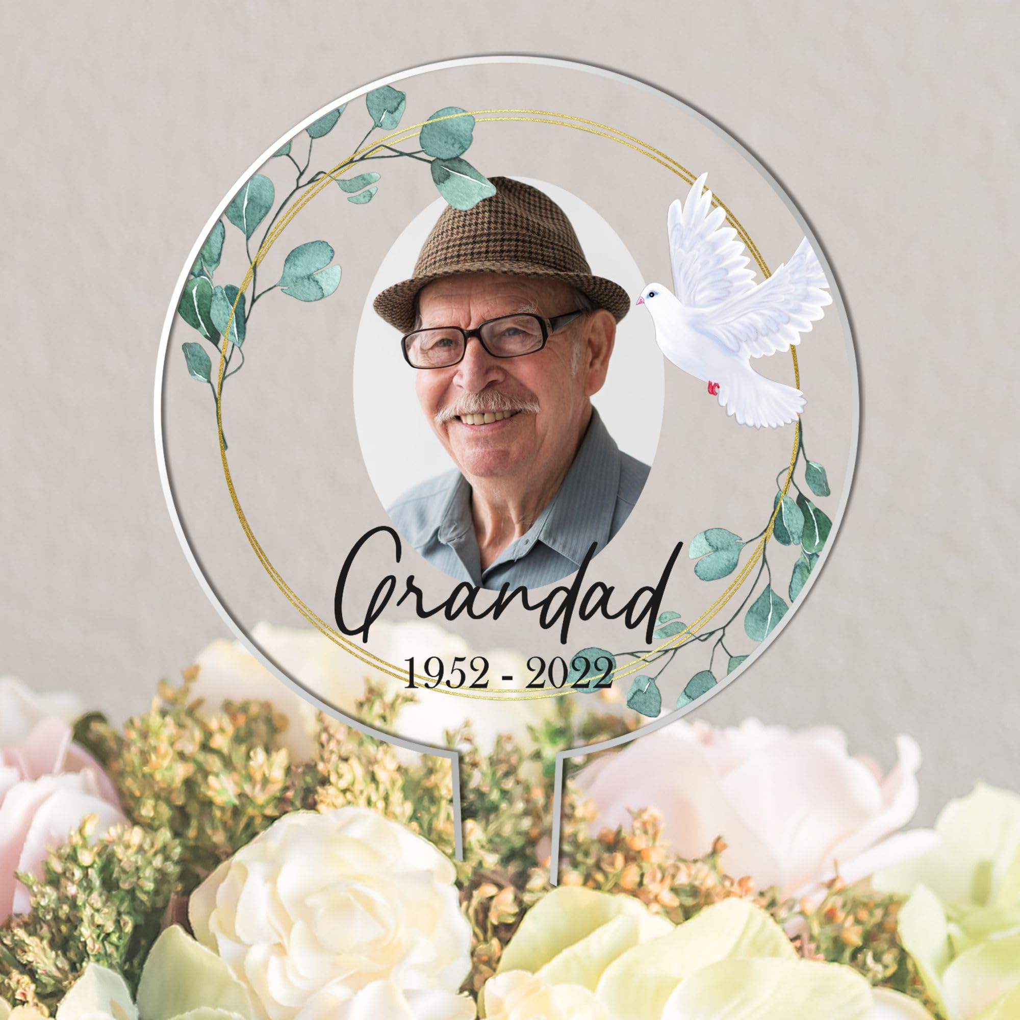 Personalised Memorial Photo Plaque for Ground Placement - Custom Grave Marker with Dove and Leaves Design - Available in A5 MDF and Acrylic