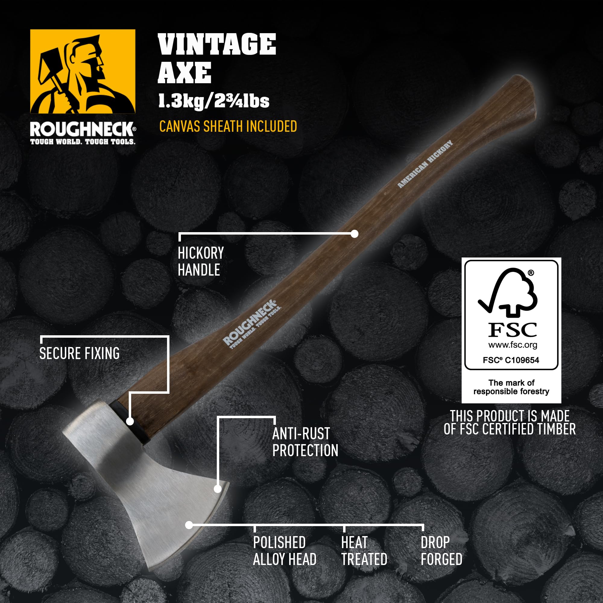 Roughneck ROU65673 Axt mit traditionellem Hickory-Stiel, gesenkgeschmiedet, wärmebehandelter Stahl mit schützender Segeltuchscheide – 1,25 kg (2¾lbs)