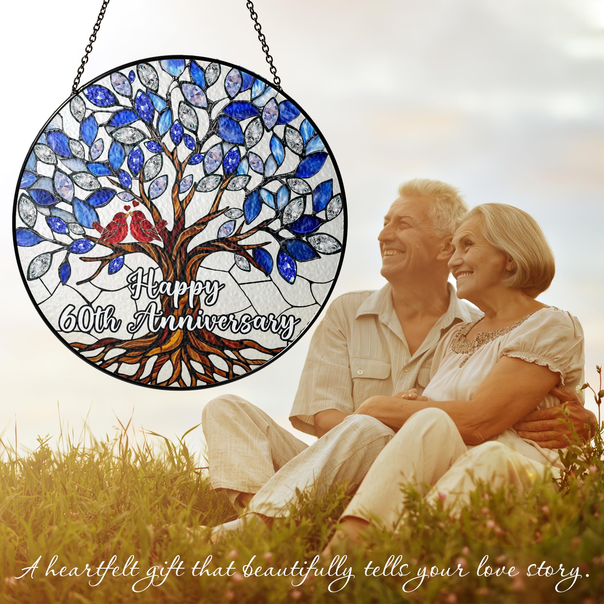 60th Wedding Anniversary Stained Glass Suncatcher, 6x6' Diamond Anniversary Decorations, 60th Celebration Marriage Gifts for Parents, Couple, Wife & Husband, 60 Wedding Milestone Keepsake