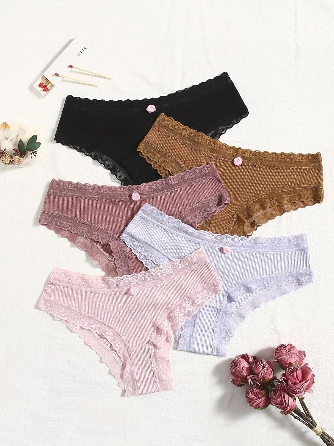 SHENHE Women's 5 Piece Lace Cheeky Underwear Scallop Trim Breathable Hipster Panties - Image 2