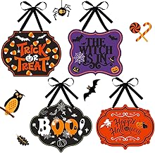 4 Pcs Halloween Felt Hanging Signs for Wreaths Happy Halloween Door Decorations Trick or Treat Wall Plaque Signs Pumpkin Witch Ghost Black Cat Bat Wall Decor Halloween Welcome Signs(Funny Style)