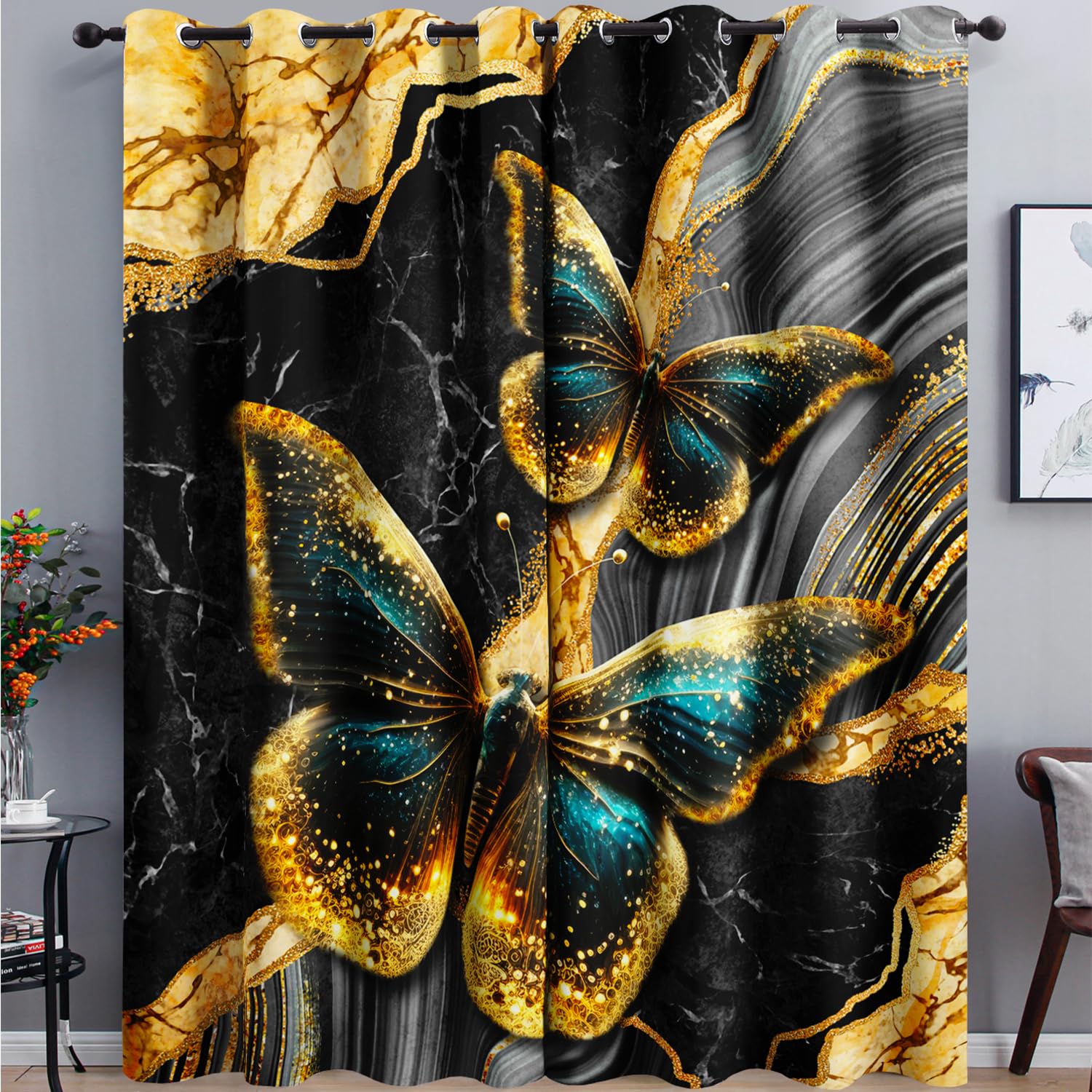 AILONEN Beautiful Butterfly Window Curtains, Golden Wings Tiers for Girls, Kids, Watercolour Print Treatment for Bedroom Living Room, 38