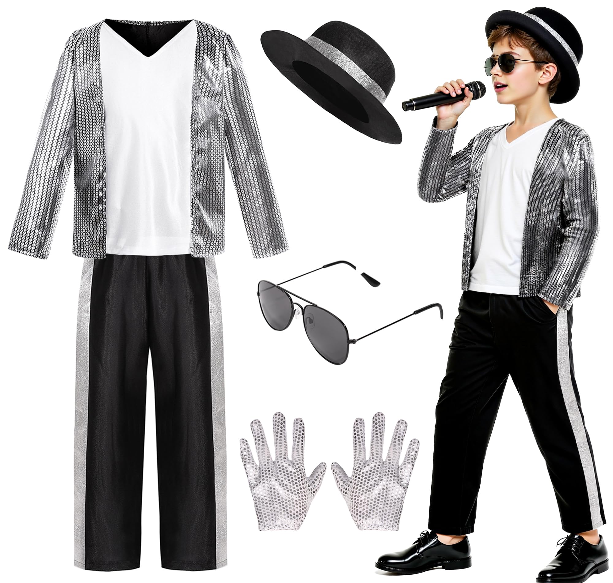 Kids Dance Star Costume Boys 80s Dance Costume 90s Pop Stage Outfits with Glasses Hat Gloves Halloween Cosplay Party