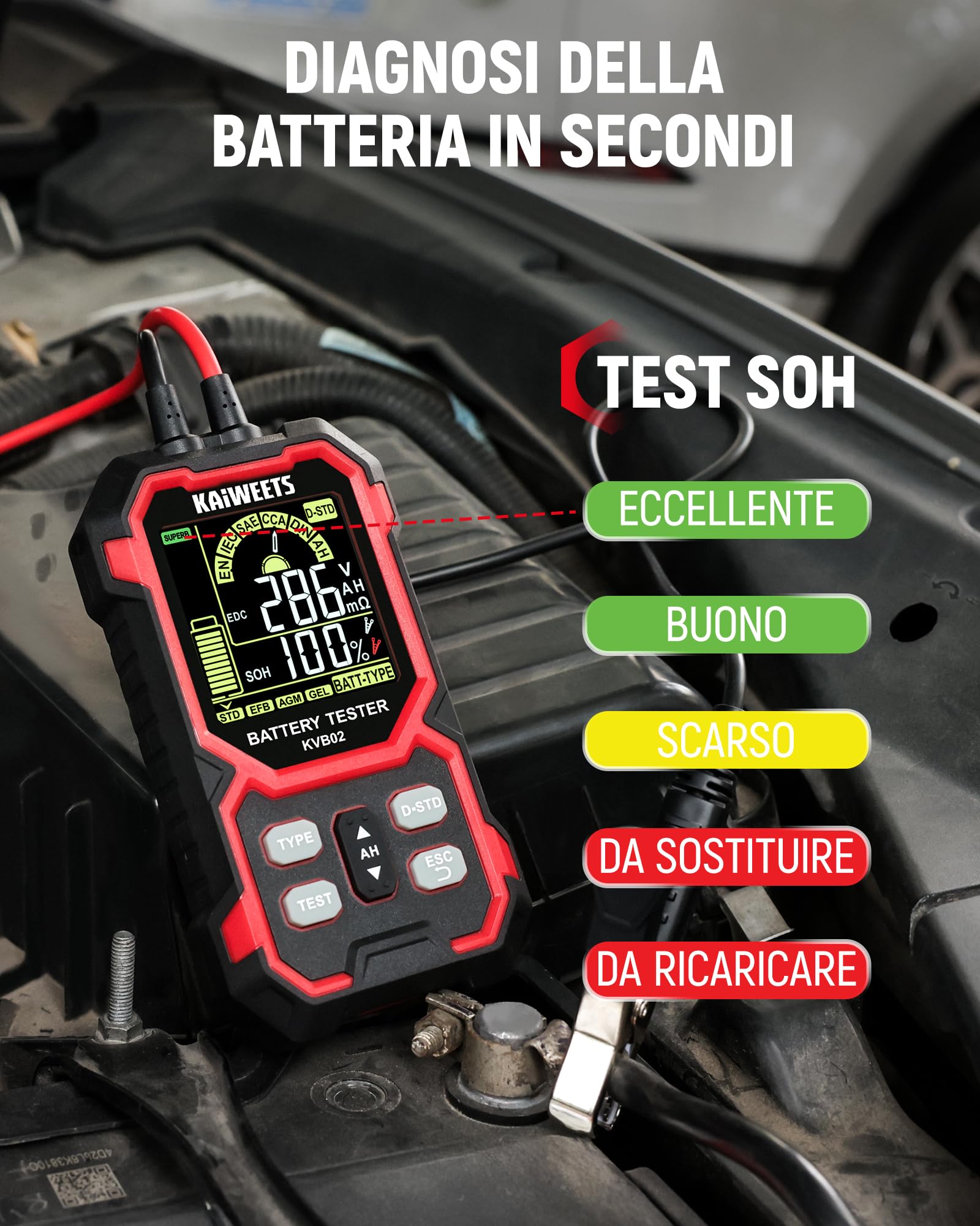 KAIWEETS Tester Batteria Auto 12V/24V Digitale Test Batteria Auto 50–2000 CCA con Analisi SOH/SOC Display LCD Test Avviamento per Veicolo/SUV/Veicolo