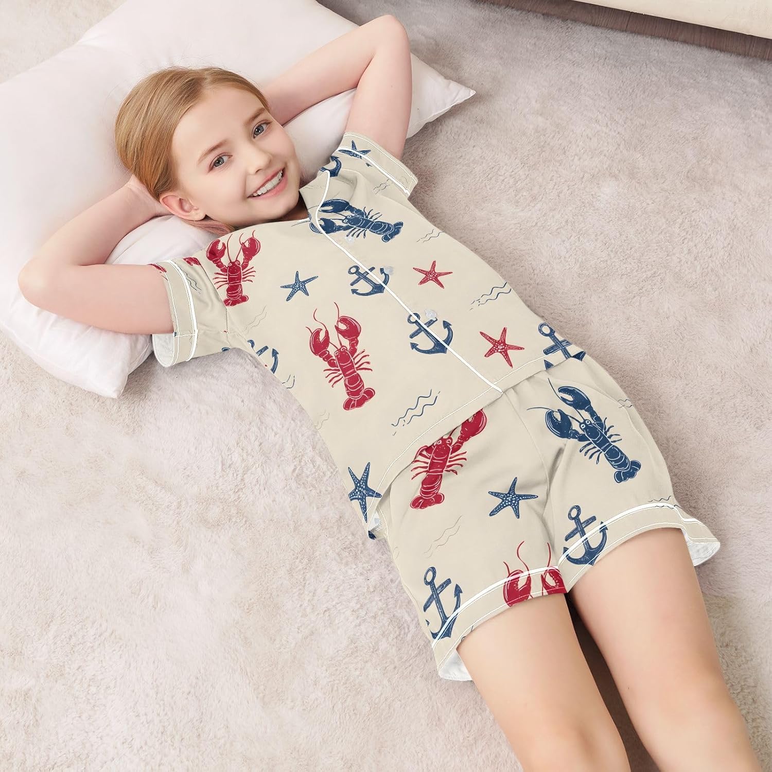 Kids Casual Satin Wear Set Anchor Shrimp Pattern Unisex Short Sleeve Clothing for Relaxing