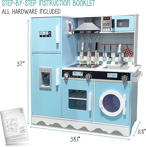 Miniatura 6 de Lil' Jumbl Juego de cocina azul para niños, cocina de juego de madera de simulación, máquina de hielo a pilas, microondas, campana extractora,