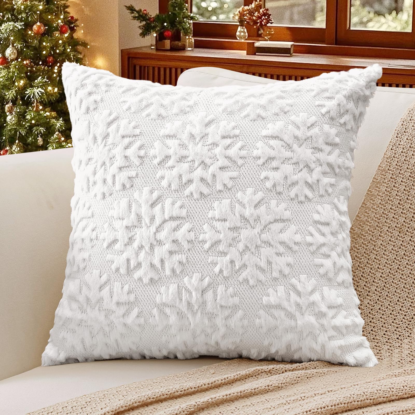 Artscope Set of 1 Xmas Soft Plush Short Wool Velvet Decorative Cushion Covers 55x55cm Square Luxury Style Throw Pillow Covers Pillow Shell for Sofa Bedroom Christmas Snowflake White — image 1