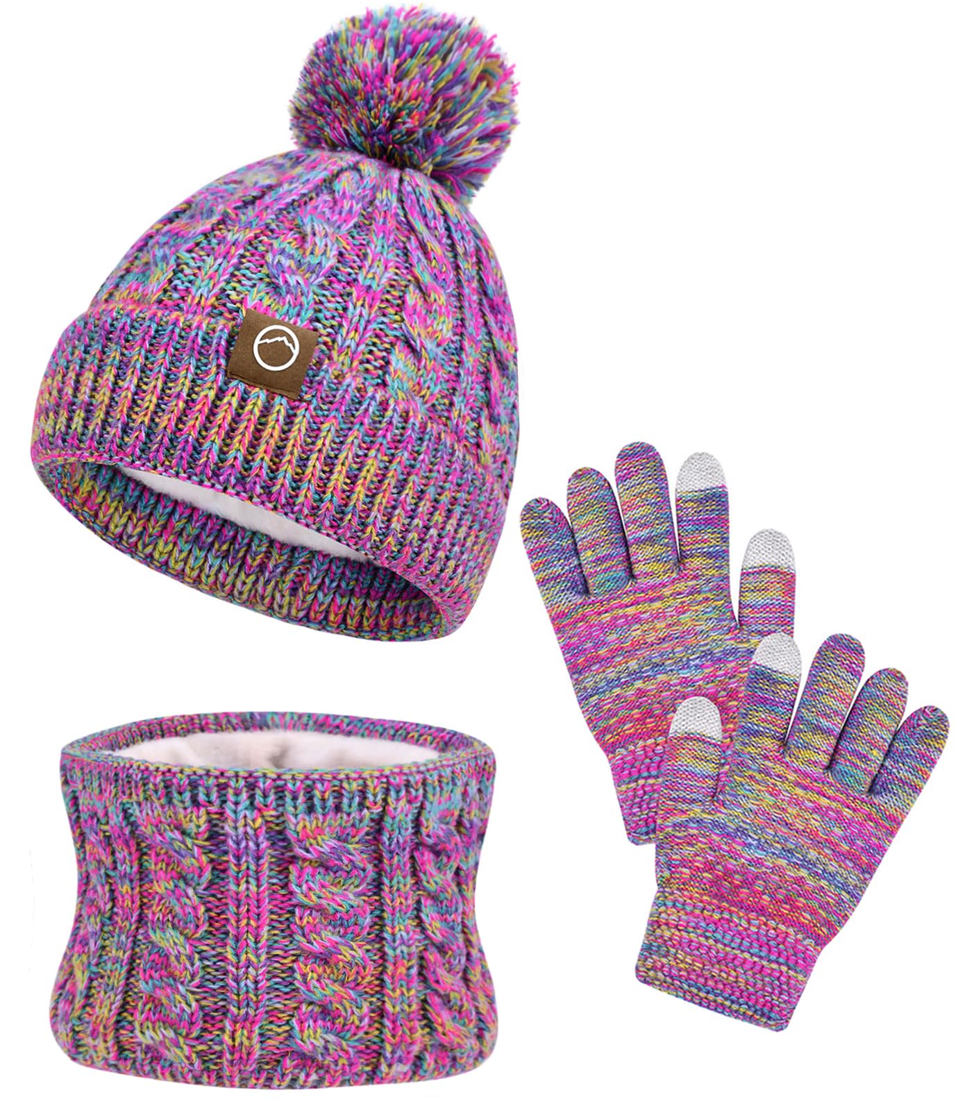 ZOORON Kids Winter Hat Gloves Scarf Set, Girls Boys Hats Beanie with Pom