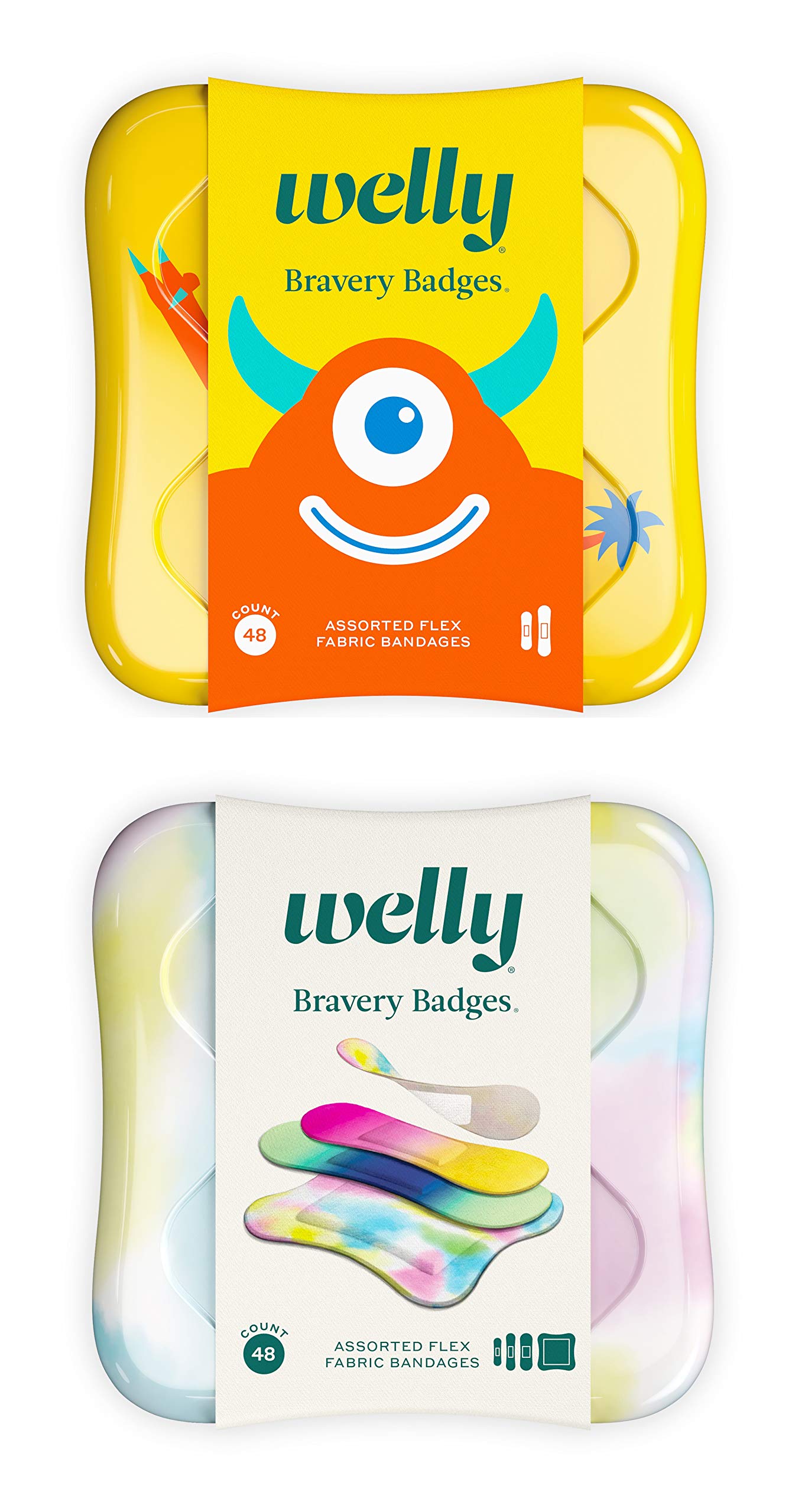 Welly Bandages - Bravery Badges, Flexible Fabric, Adhesive, Assorted Shapes, Monsters and Colorwash - 48 ct, 2 Pack