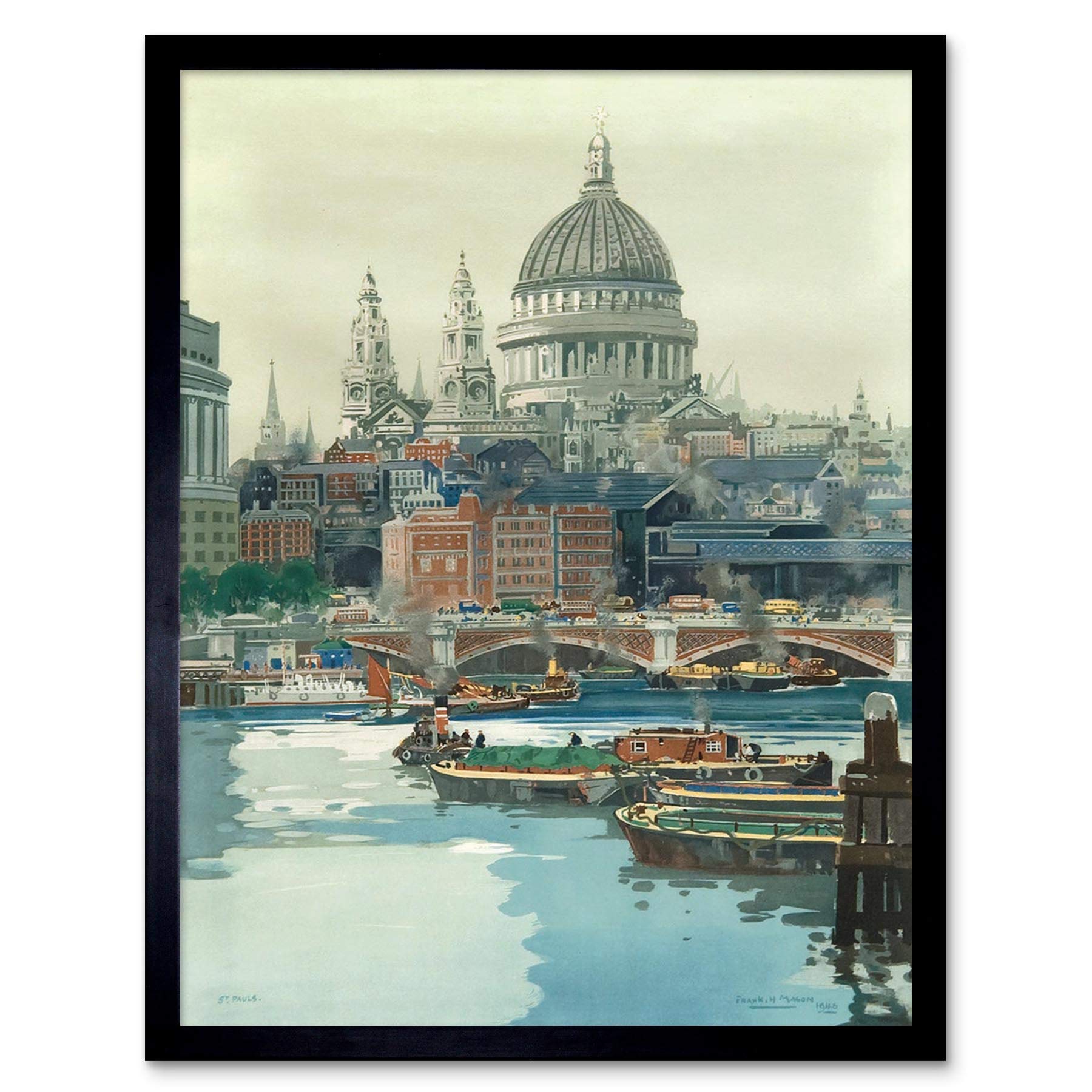 Wee Blue Coo Painting Thames Boats London St Pauls Bridges River Art Print Framed Poster Wall Decor 12X16 Inch