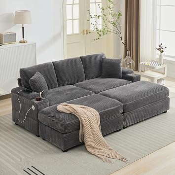 86.6" Sectional Sofa Couch with 2 Ottomans, Comfy Corduroy Upholstered Cloud Modular Convertible Couch with Cup Holders and USB, Armrest Storage, Deep Seat Oversized Loveseat for Living Room, Grey