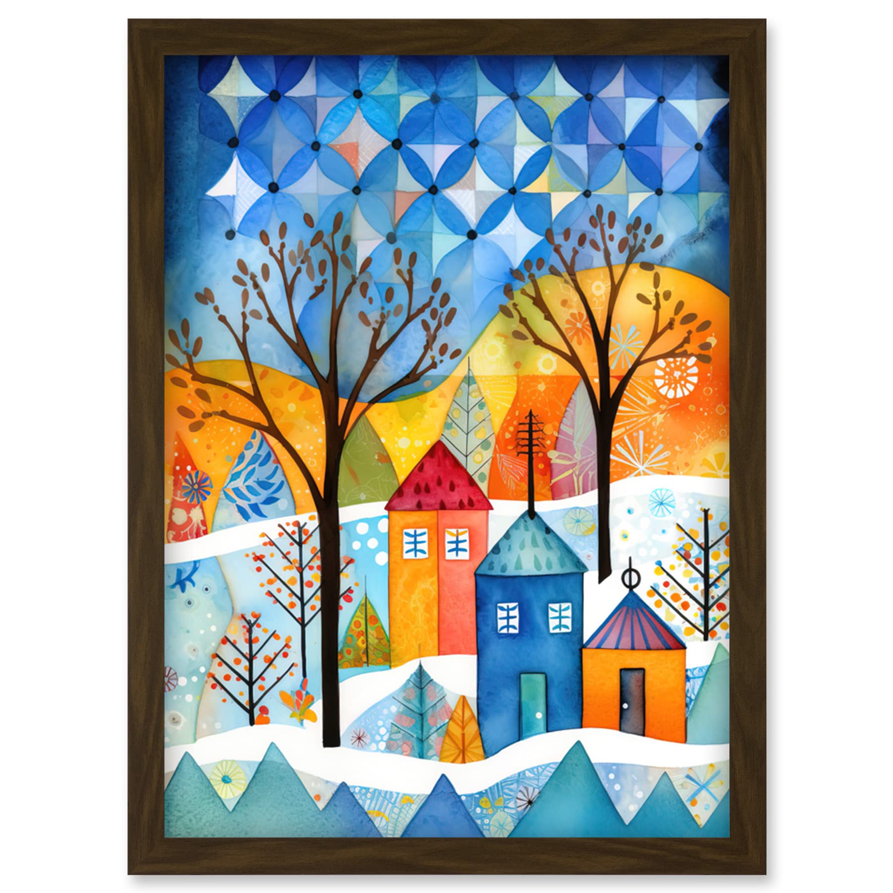 Artery8 Abstract Winter Snowfall Folk Art Artwork Framed Wall Art Print A4
