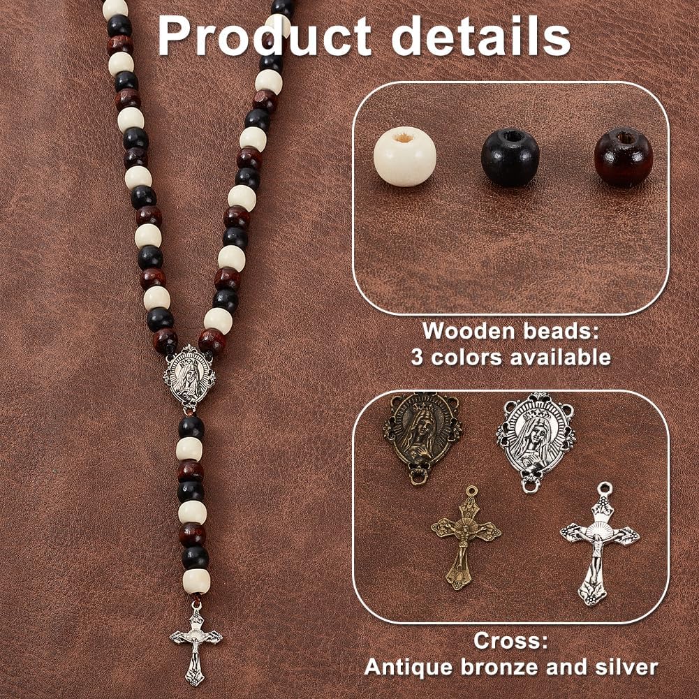 PH PandaHall 744pcs Rosary Jewelry Making Kit First Communion Necklace Natural Wood Beads Making Set Cross Centerpiece Alloy Chandelier and Beading Wires for Easter Eid Mubarak Ramadan