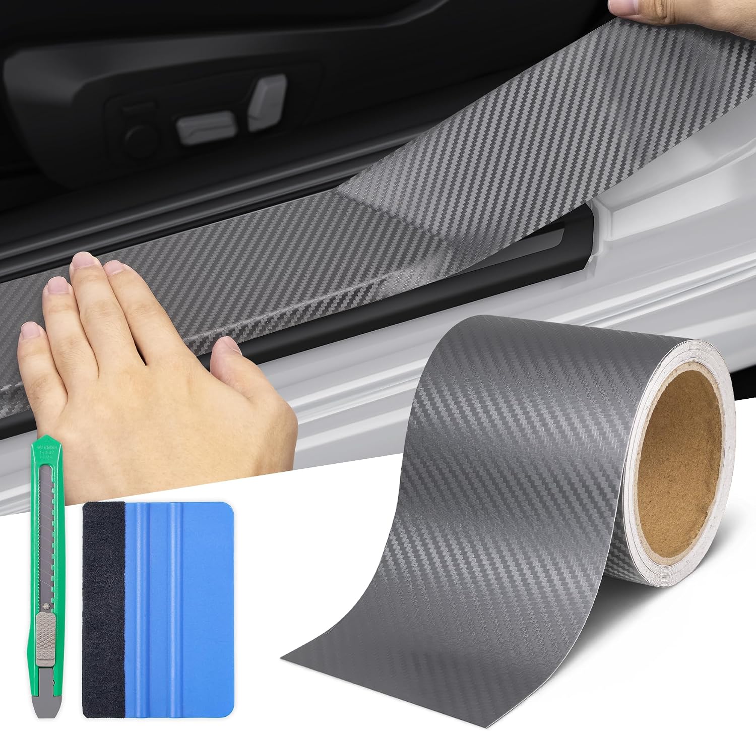 Lypumso Carbon Fiber Vinyl Tape with Tools Kits, Chrome Delete Vinyl Wrap for Blackout Car Door Edge Guard Door Sill Window Trim Protector (3D Grey, 4in x 30ft)