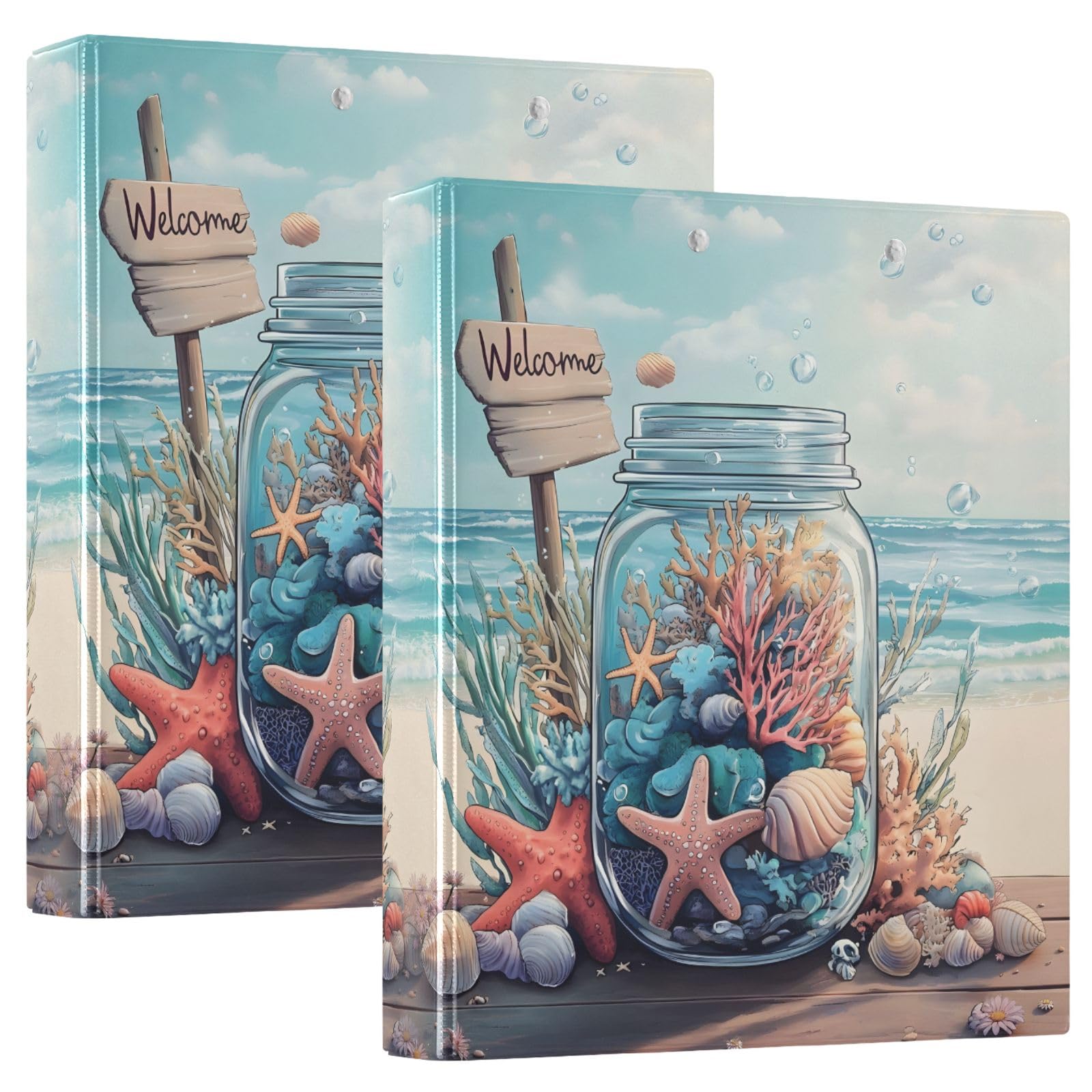 Raccoglitore a 3 anelli con bottiglia di vetro a forma di stella marina, 3,8 cm, contiene 200 fogli, 3 raccoglitori ad anelli con clip in metallo antiscivolo