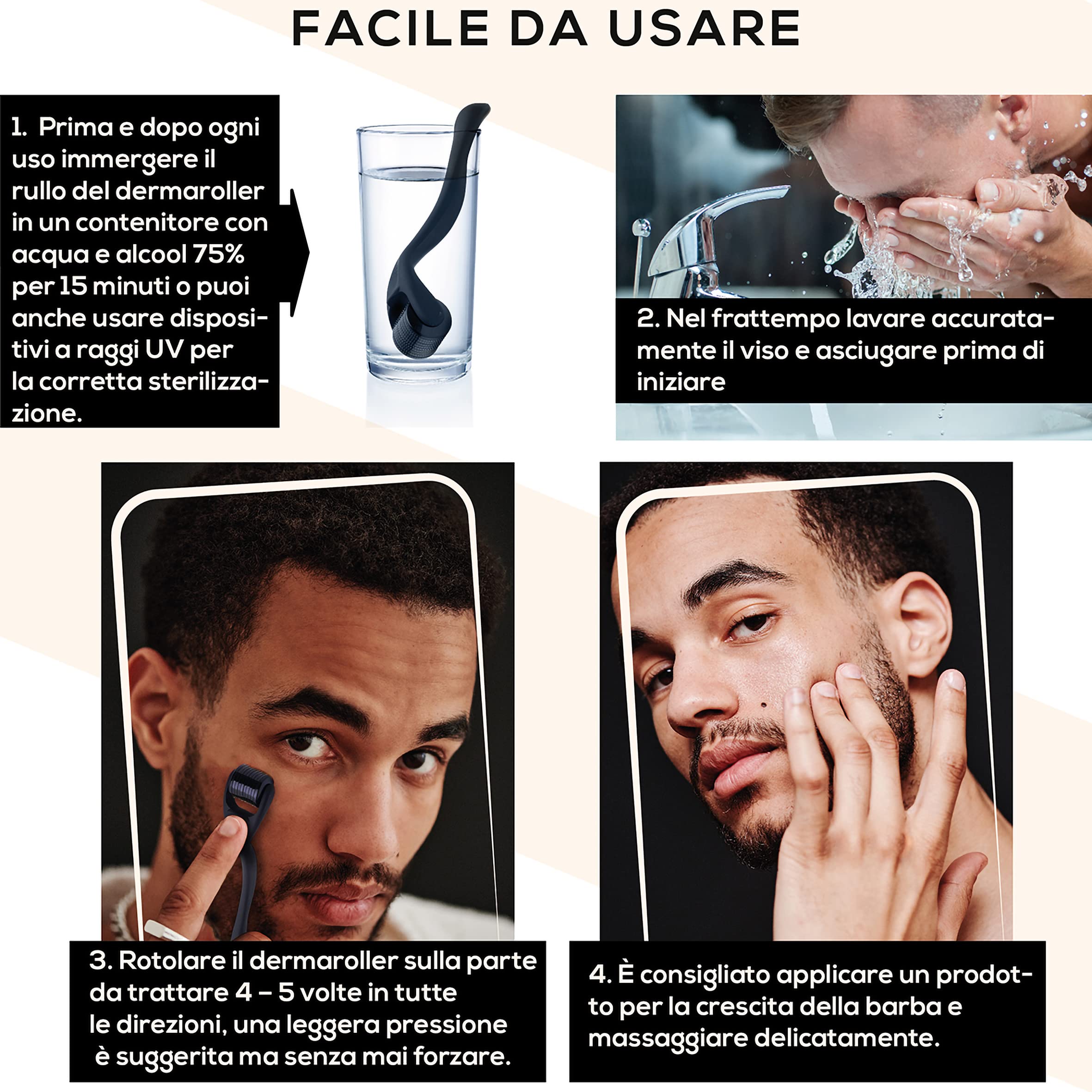 Dermaroller Crescita Barba E Capelli Da 0.5 Mm - Rullo Con Aghi In Titanio E Guida Ebook Dettagliata In Italiano - Trattamento Efficace Anche Per Cicatrici Smagliature Acne