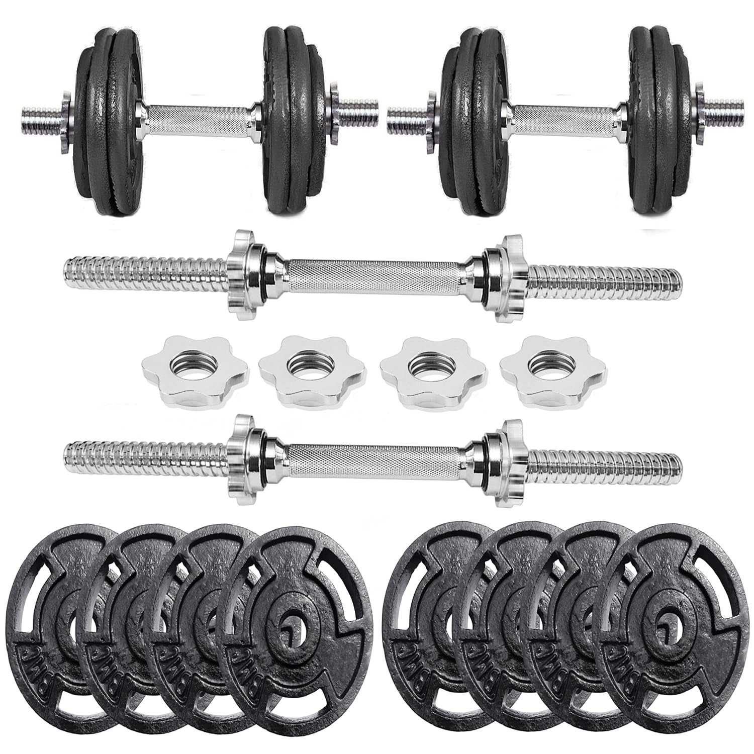 BULLAR Home Gym Set 8kg to 70kg with ez/curl/Straight/Pair of Dumbbell rods, Customize Your own Exercise Set with Workout Accessories (Starnut Dumbbell Rods, Cast Iron, 30 KG)