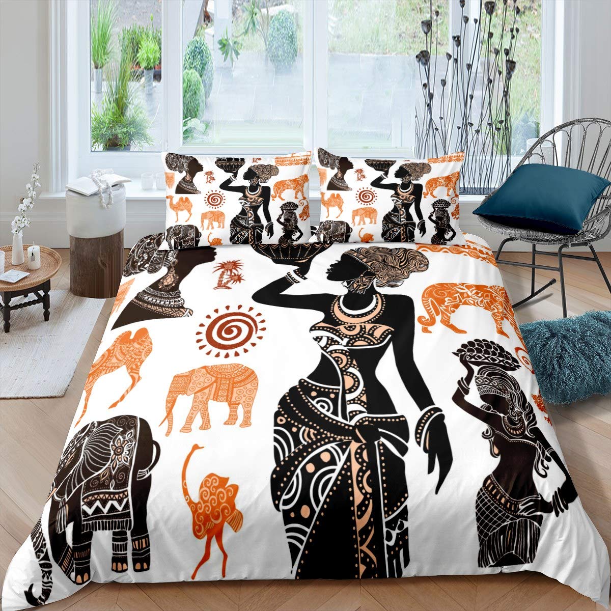 Loussiesd Girls Multi 20 African Woman Bedding Set African Theme Elephant Tiger Duvet Cover For Women Ethnic Afro Style Comforter Cover Tribal Wild Animal Bedspread Bedroom Decor Quilt Cover 3Pcs Double Size