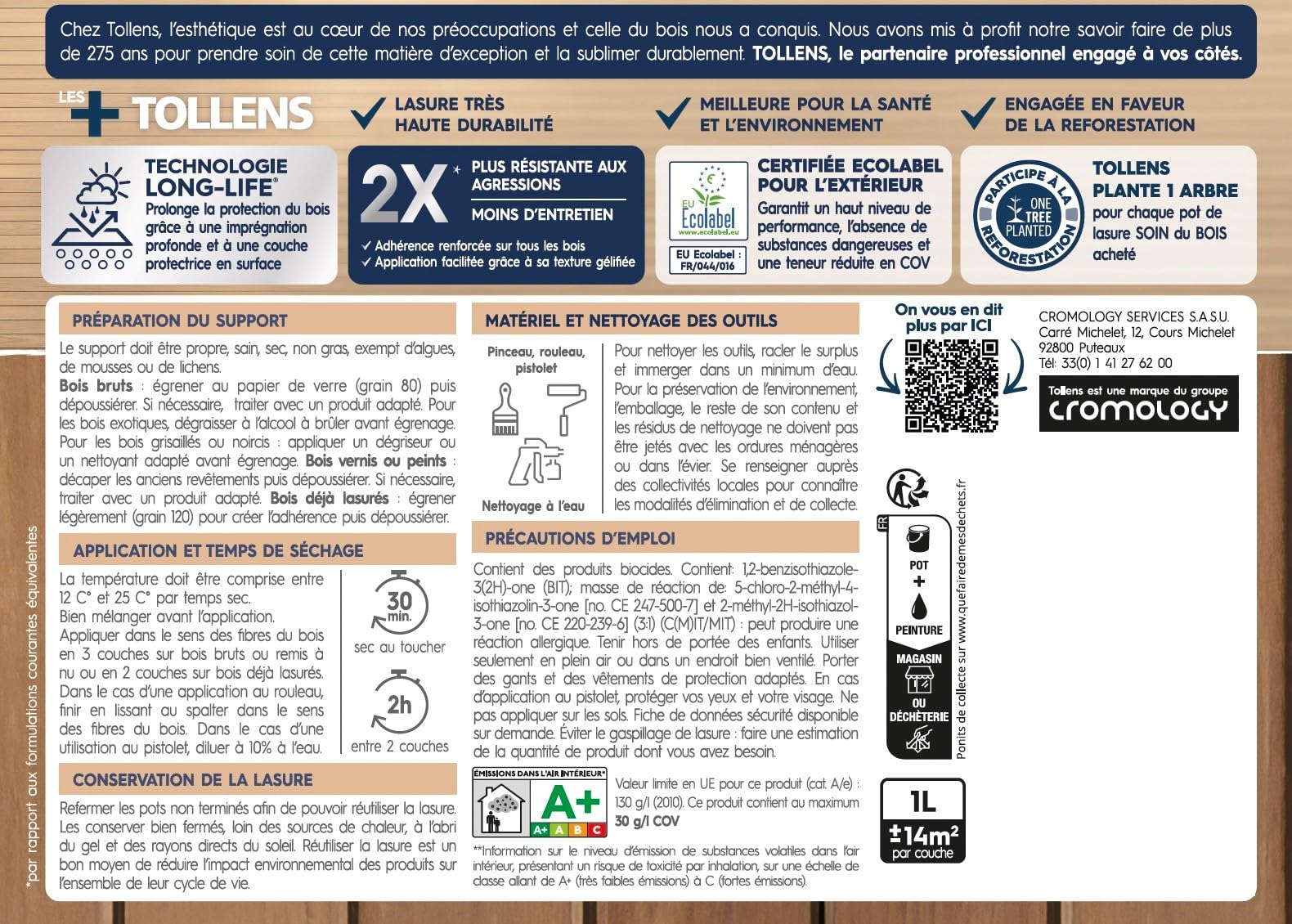 Tollens - Lasure - Ultra Résistante - Adhérence Renforcée - Protège et Décore - Protection Anti-UV - Technologie LONG-LIFE - Satin - Chêne Naturel - 1 L