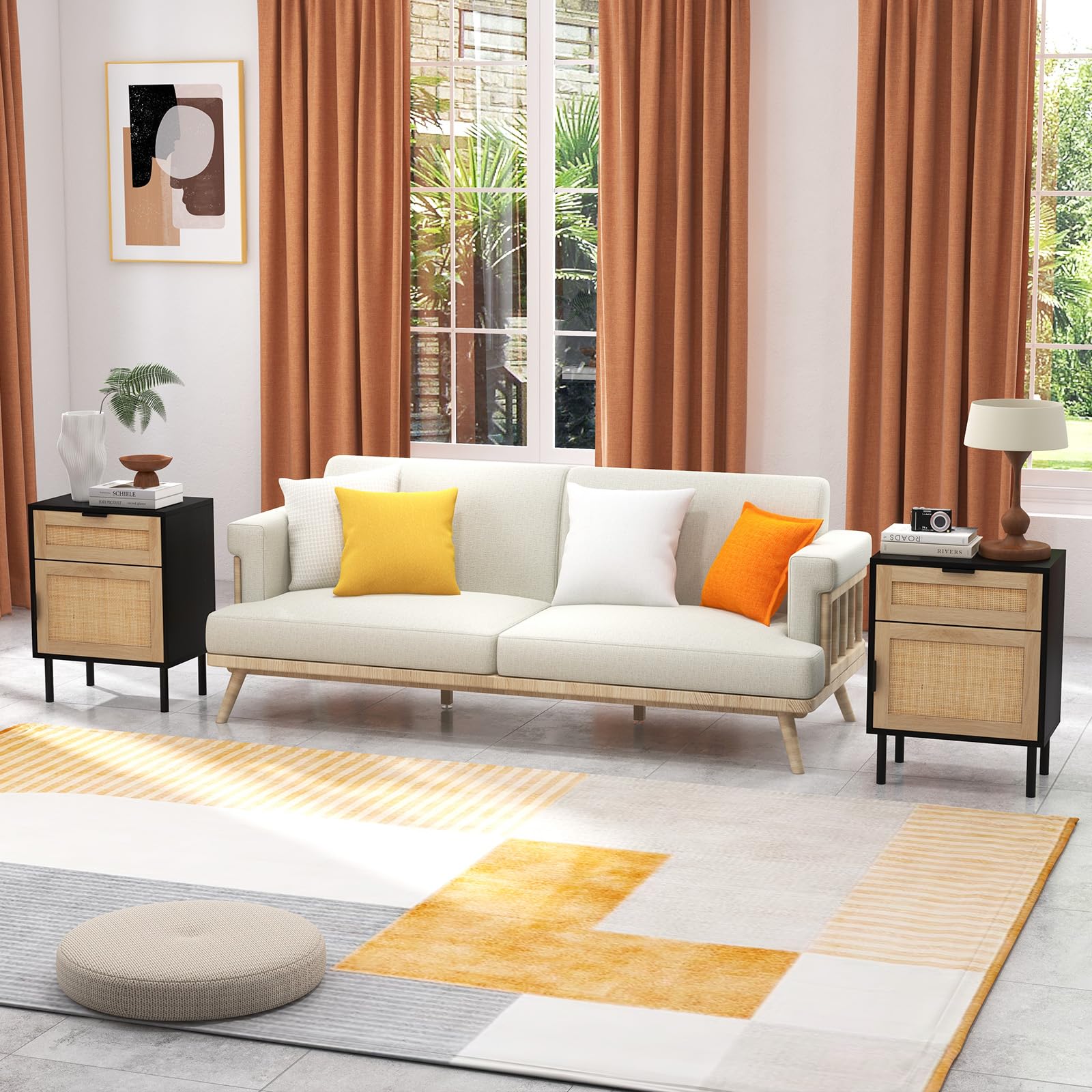 COSTWAY 2 Mesitas de Noche de Ratán, Mesillas de Noche Bohemio con Cajón y Armario, Patas Metálicas, Mesita Auxiliar Sofa Salon Dormitorio, 45 x 30 x 59 cm (Negro)