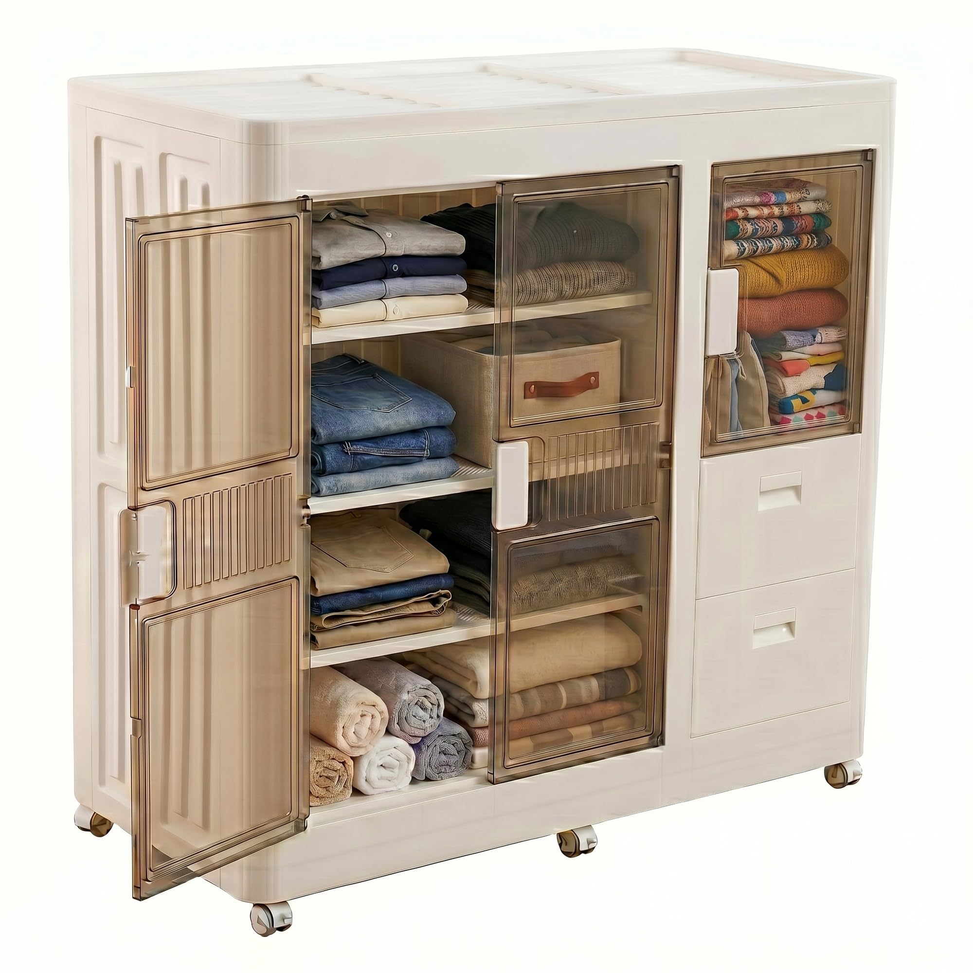 Well Home Cajas de almacenaje apilables con puerta frontal, Organizador modular plegable con ruedas, Multiespacios, Armario plegable con 2 Compartimentos y 2 Cajones, + 3 Baldas/estantes interiores