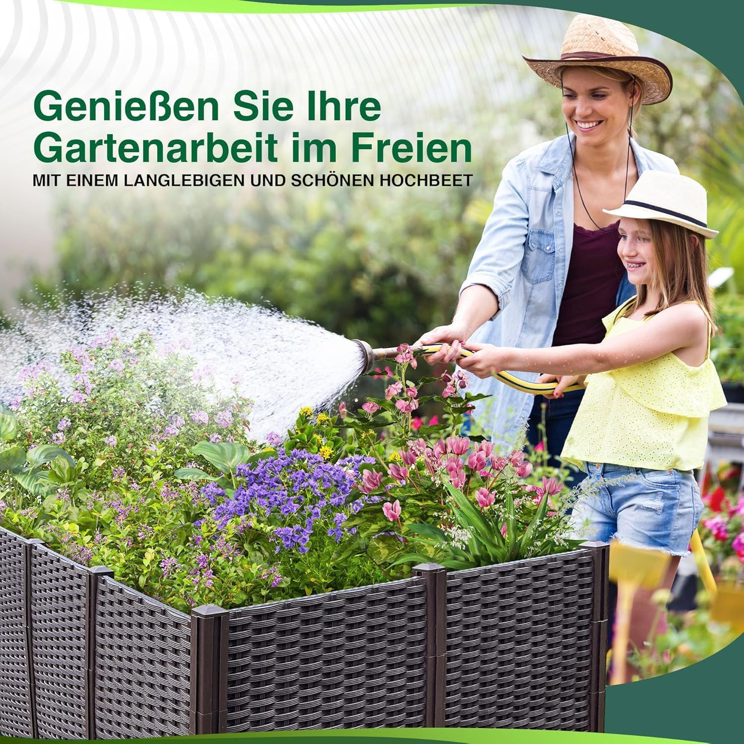 WIELS® Modulares Hochbeet für Garten, Rattan-Optik, 148 x 76 x 60 cm, Schwarz - Dunkelbraun, Pflanzbeet Frühbeet Gartenbeet Gemüsebeet Blumenbeet Kunststoff Plastik HDPE