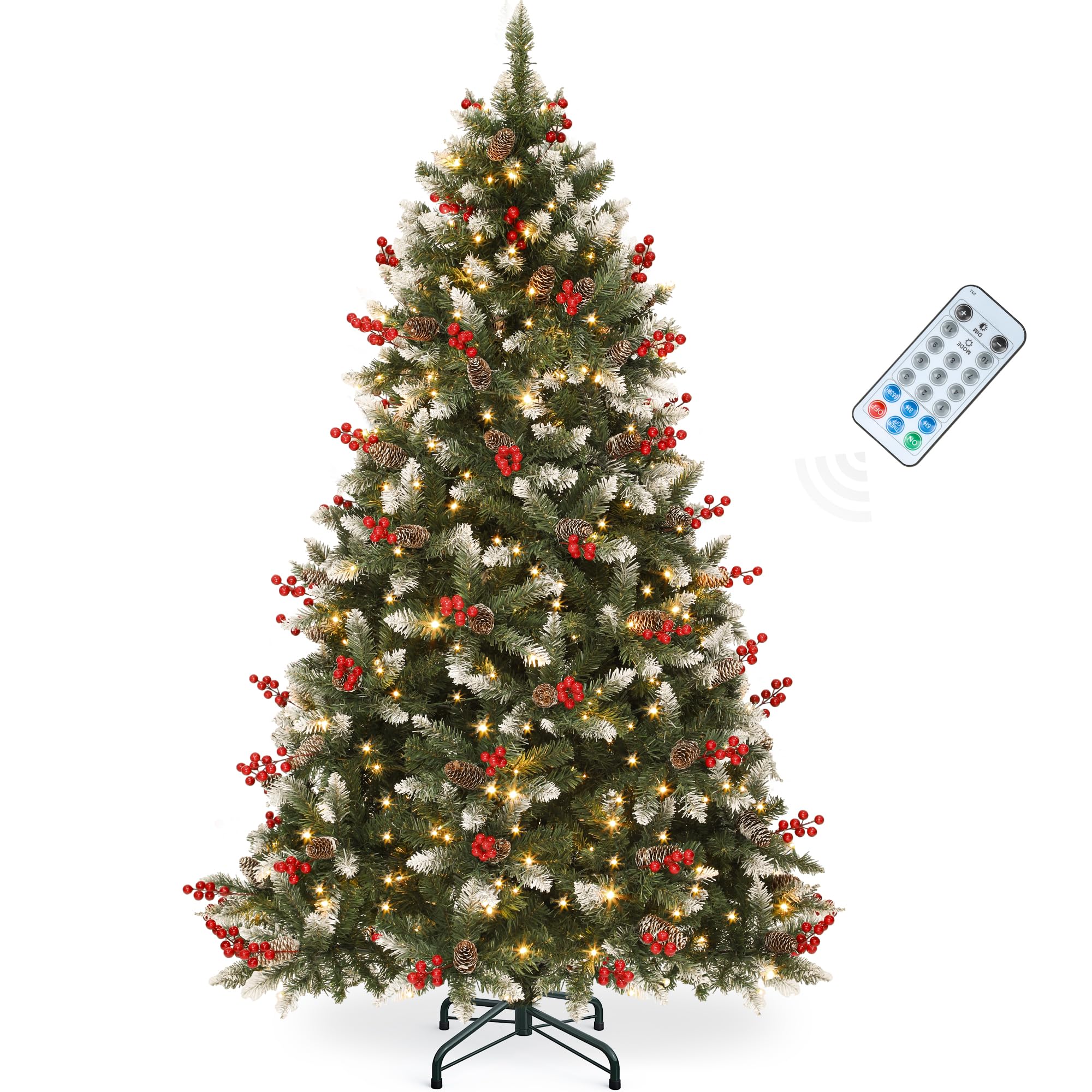 YITAHOME 6ft Prelit Decorated Pine Christmas Tree with Red Berries & Remote | Artificial Hinged Xmas Tree with 818 Frosted Tips, 250 Lights, 58 Pine Cones & 58 Red Berries for Holiday Party Office Home Recycled Claim Standard Blended