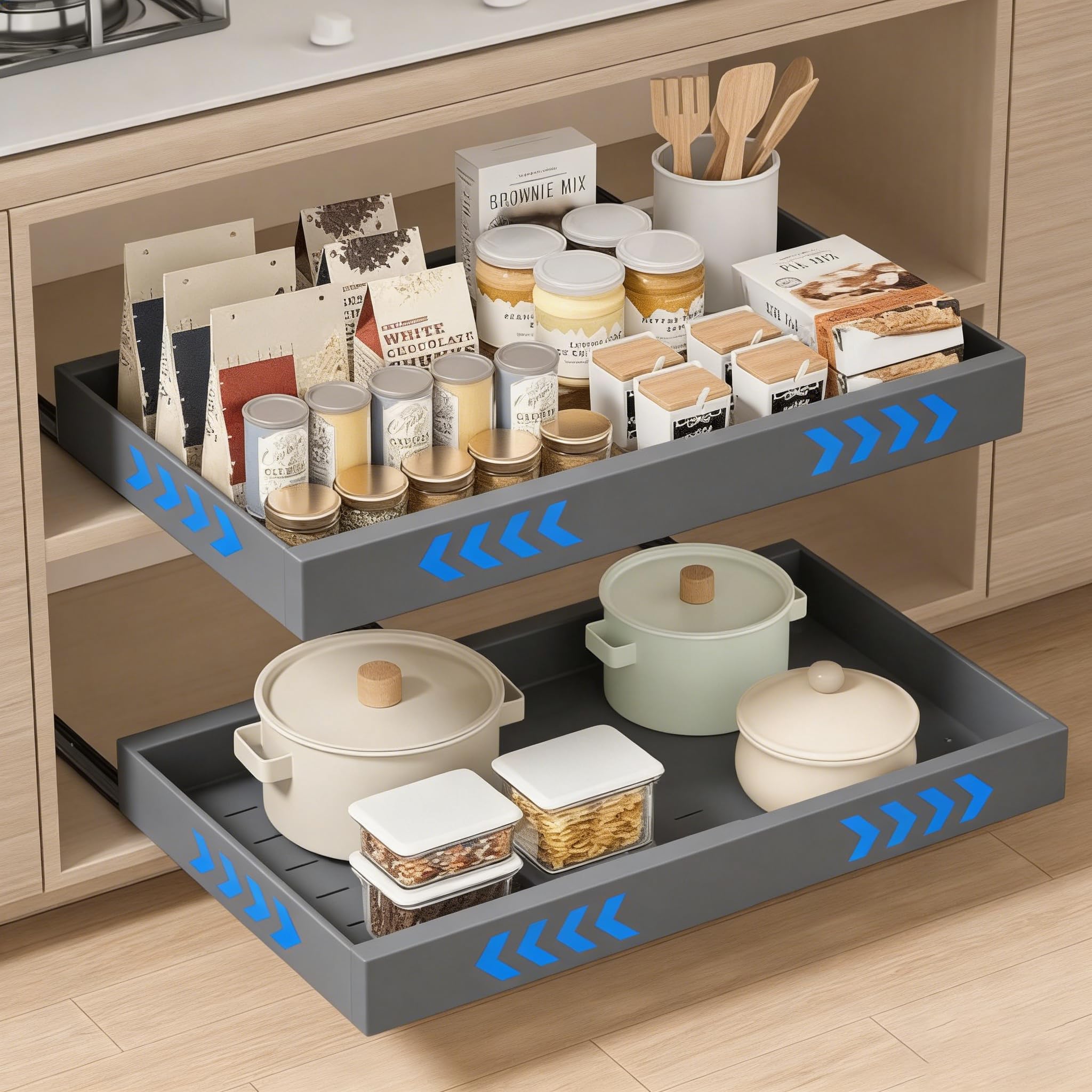 Teleskopschublade Ausziehbare Schublade Küche Breite 32–53 cm Tiefe 42 cm Ohne Bohren Metallschienen Organizer