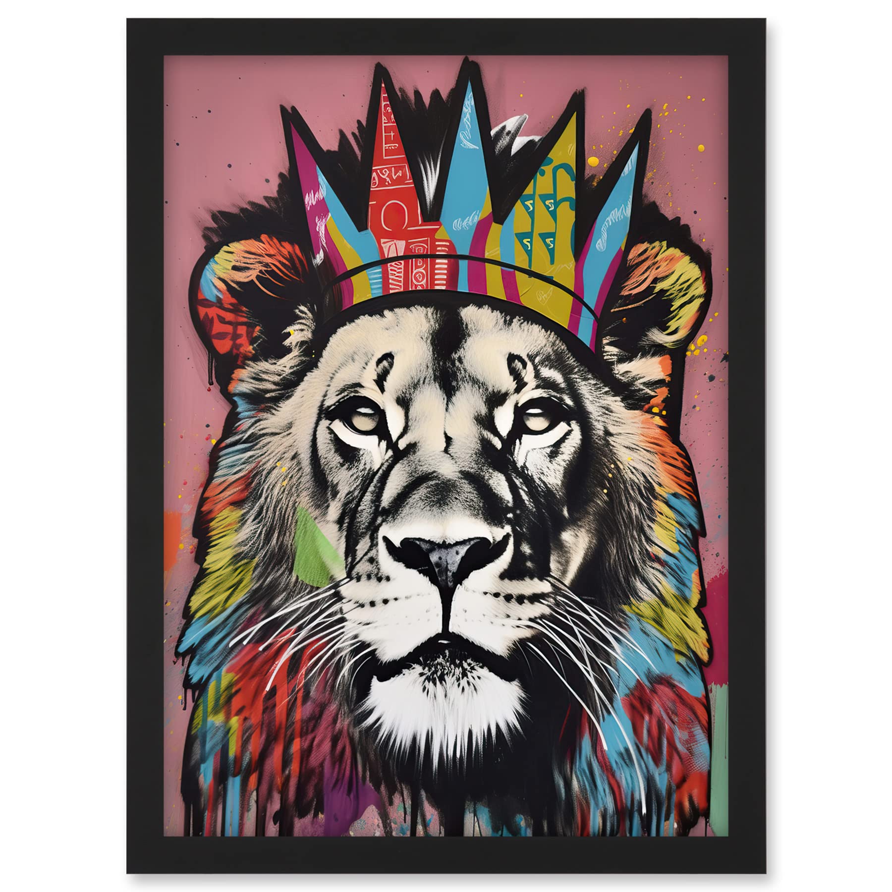 Artery8 Lion with Crown King of the Jungle Modern Pop Art Artwork Framed A3 Wall Art Print