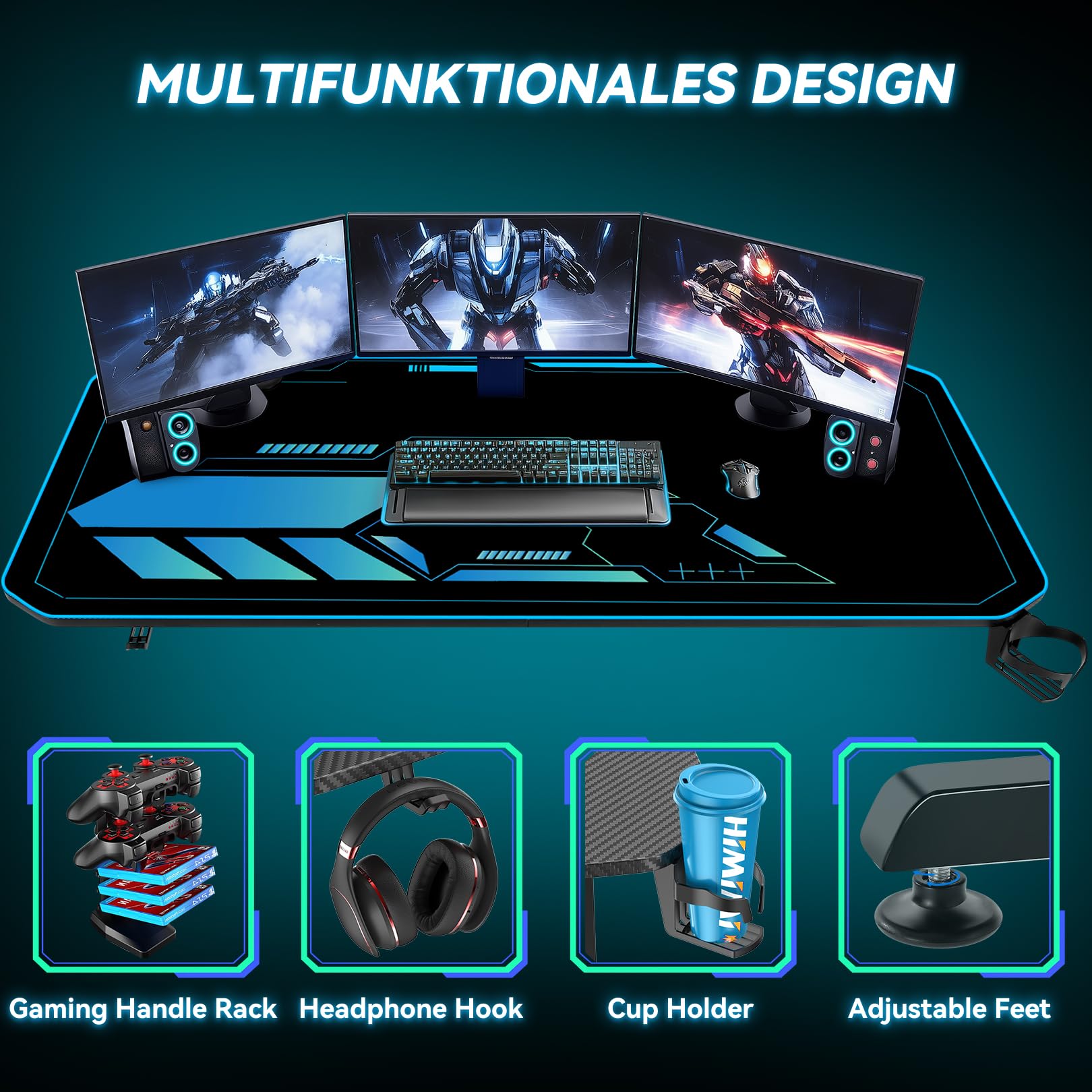 Himimi Scrivania Gaming 160x75 cm Scrivania Gamer Ergonomica con Tappetino per Mouse Integrato, Rivestimento in Fibra di Carbonio, Portabicchieri, Gancio per Cuffie, Telaio a T Robusto